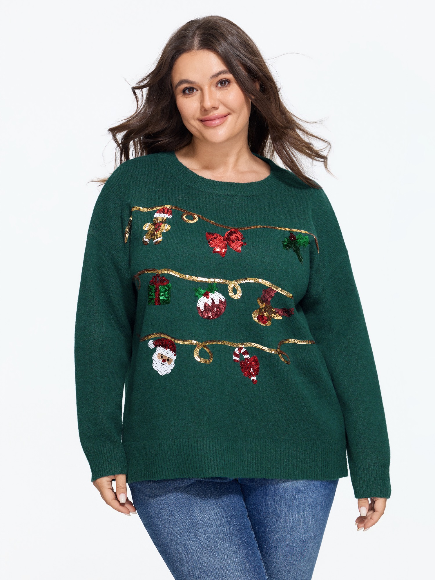 BloomChic Plus Size Sequin Christmas Pattern Crew Neck Pullover - Curve Women's Winter Round Neck Straight fit Sea Moss Ribbed Cuff Sleeve Pullovers 22-24/2X