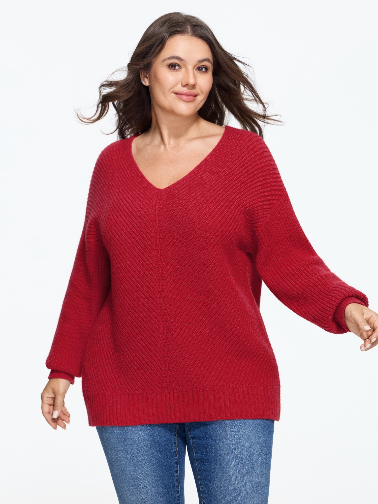 BloomChic Plus Size Textured Solid V Neck Pullover - Curve Women's Winter V-Neck Straight fit Cable Knit Urban Red Ribbed Cuff Sleeve Pullovers 14/M