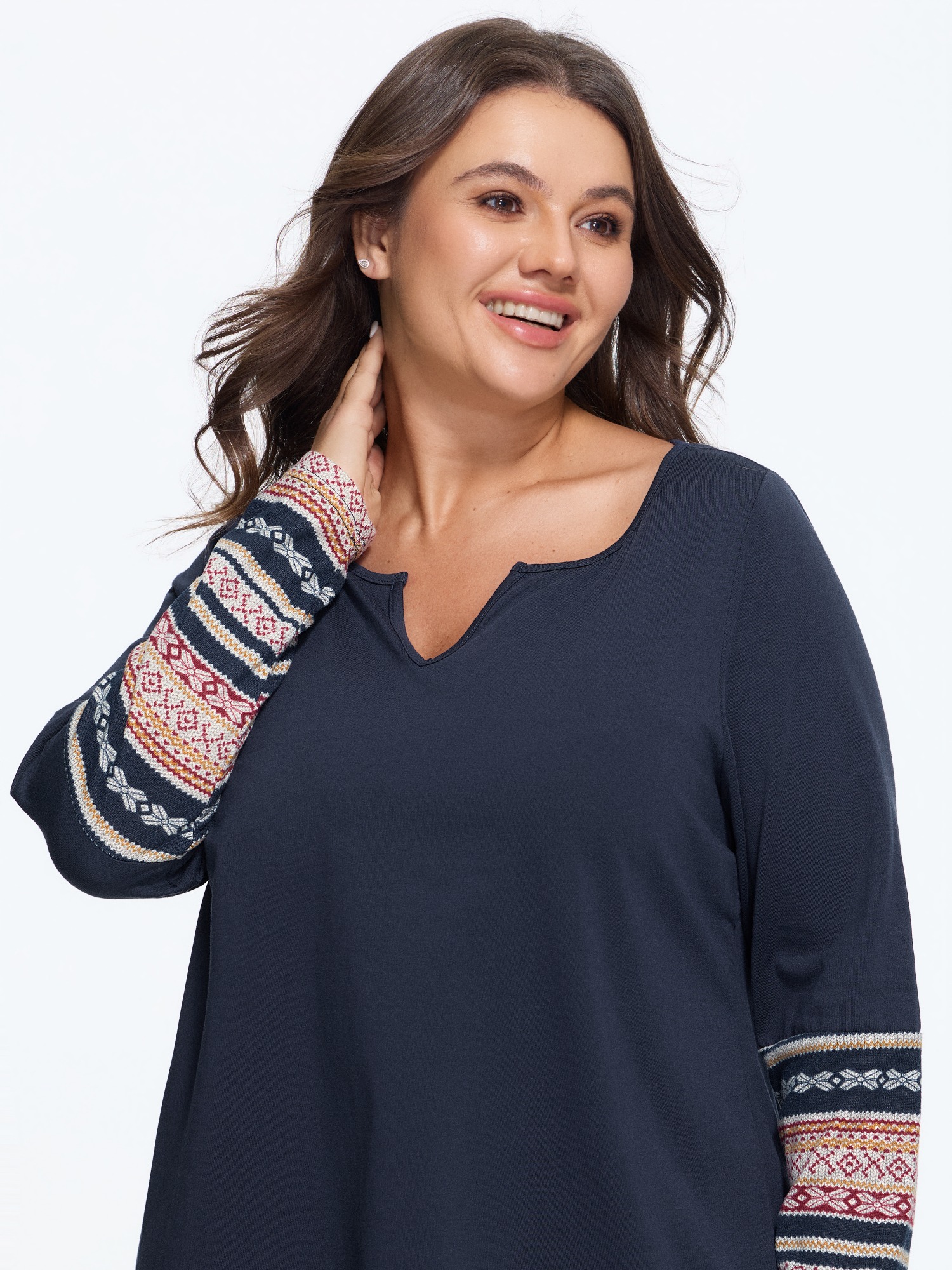 BloomChic Women's Plus Size Cotton Boho Pattern Sleeve Patchwork T-Shirt Indigo Geometric Everyday-Casual Long Sleeve V-Notch Neck 10/M