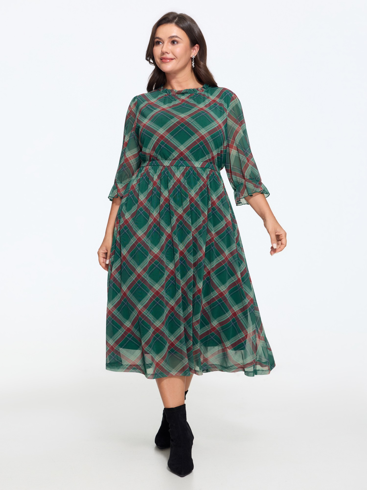 BloomChic Plus Size Plaid Ruffle Mock Neck 3/4 Sleeve Midi Dress - Curve Ladies Evergreen 节庆款 3/4 Sleeve Plaid Side Pocket Daily Dresses 34/6X