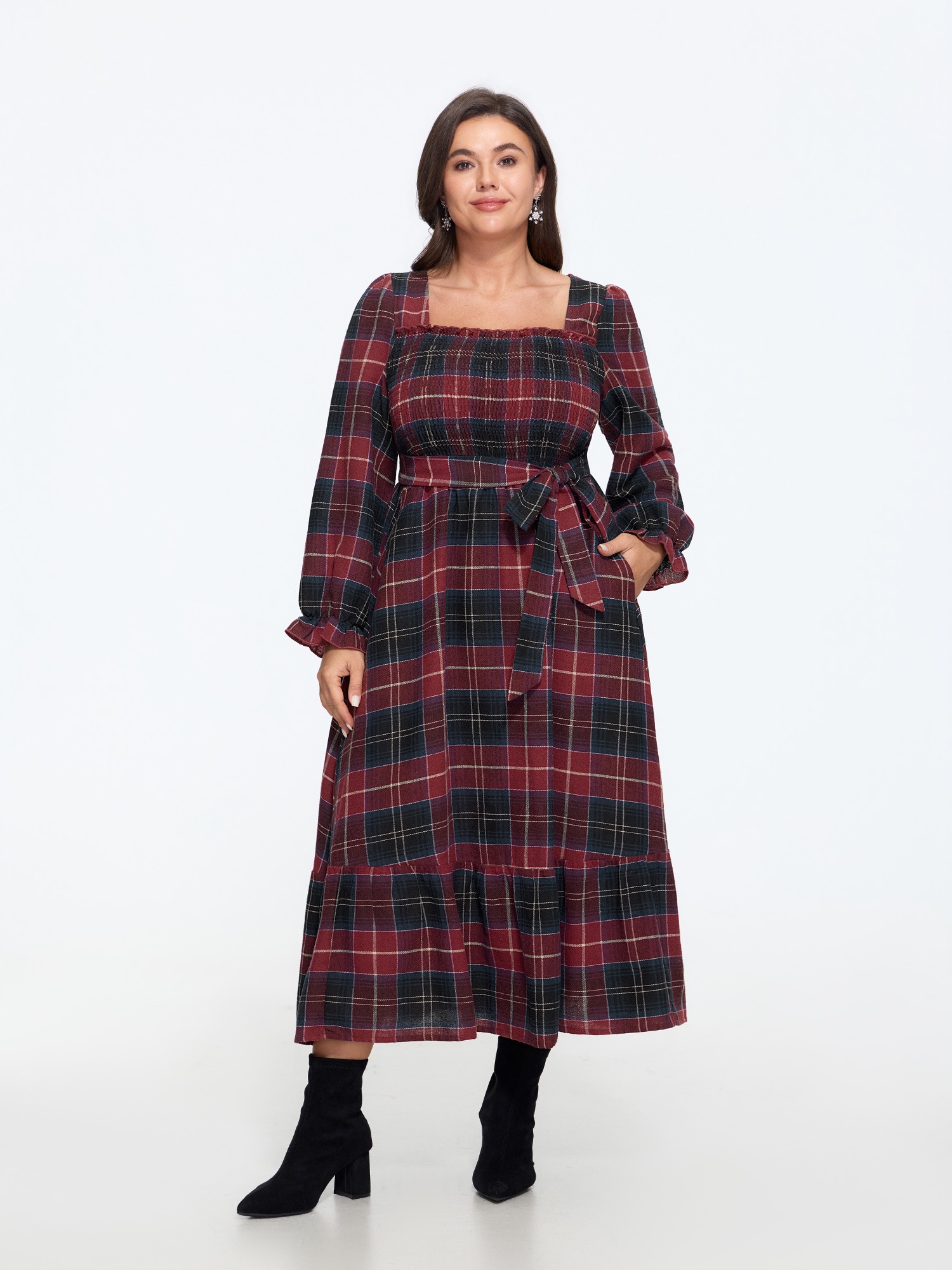 BloomChic Plus Size Tartan Plaid Shirred Belted Midi Dress - Curve Ladies Deep Periwinkle 节庆款 Long Sleeve Plaid Side Pocket Daily Dresses 14/M