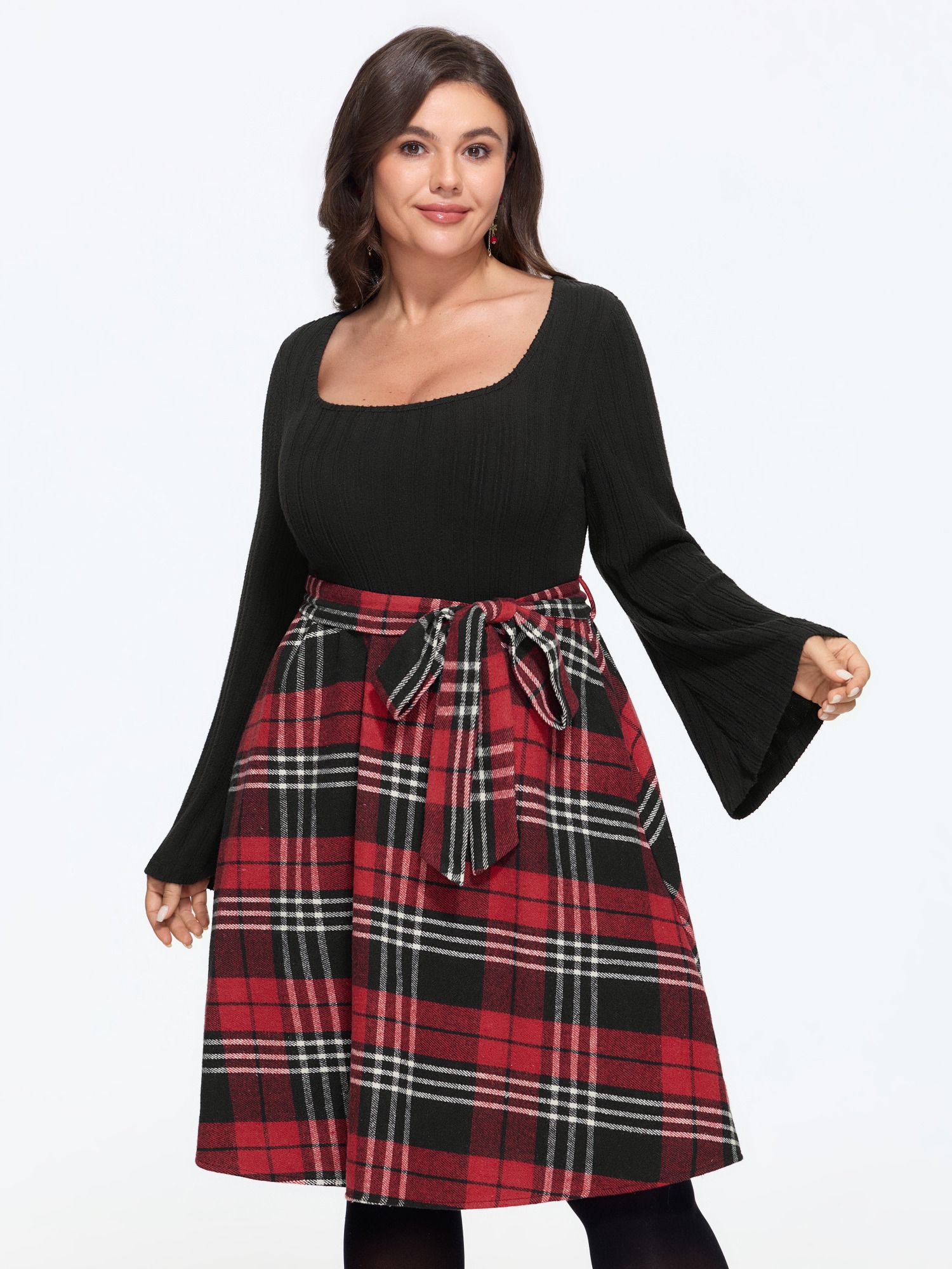 BloomChic Plus Size Square Neck Belted Tartan Plaid Mini Dress - Curve Ladies Black 节庆款 Long Sleeve Plaid Side Pocket Daily Dresses 34/6X
