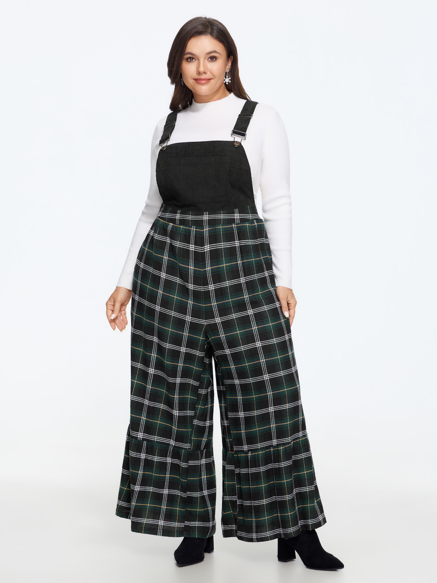 BloomChic Plus Size Plaid Patchwork Ruffle Hem Overall Jumpsuit - Curve Women's Multicolor Playsuit - Adjustable Straps Side Pocket Wide leg Jumpsuits 14/M