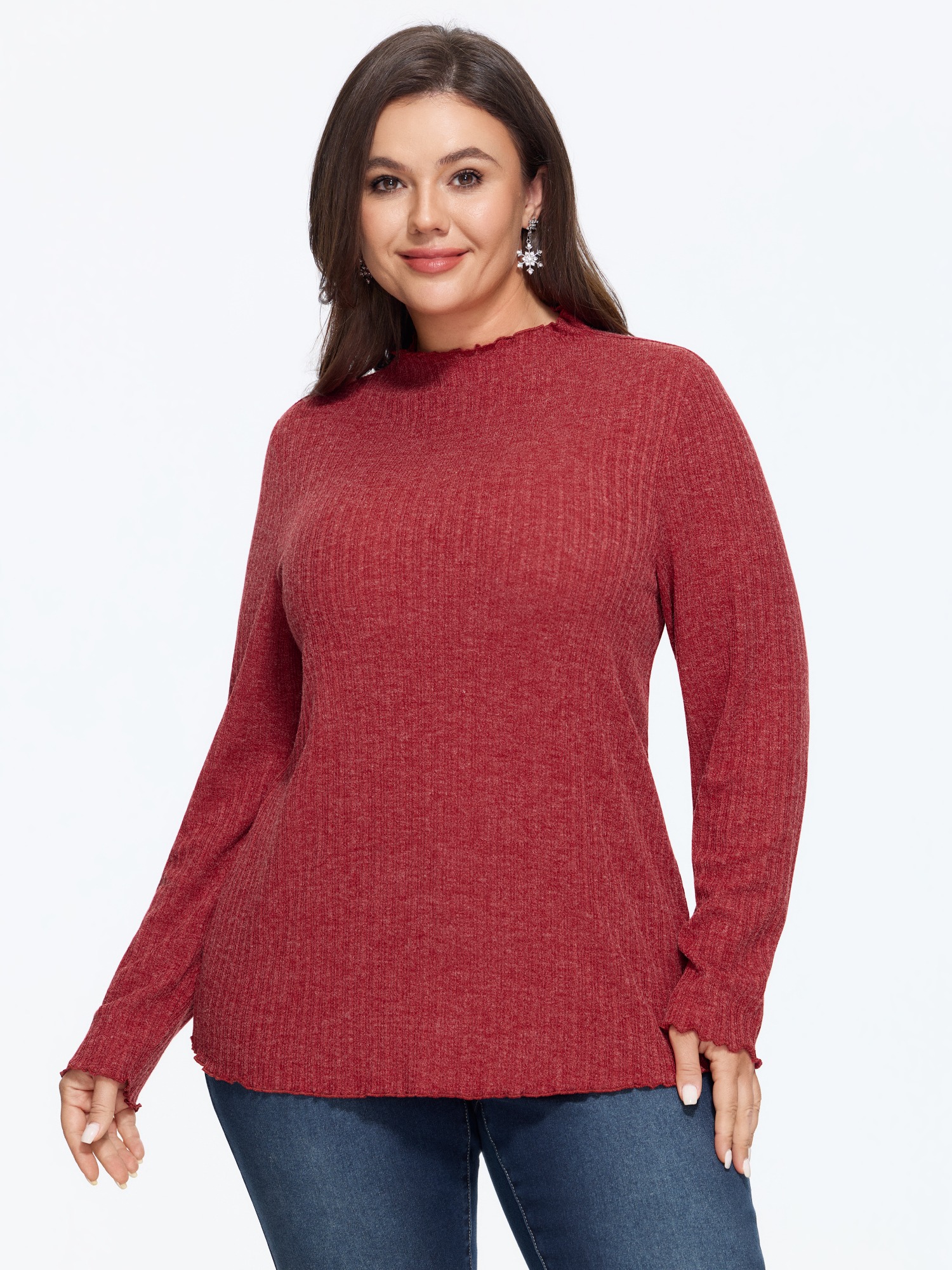 BloomChic Plus Size Stretchy Ruffle Mock Neck Ribbed Knit T-Shirt - Women's Scarlet Solid Turtleneck Long Sleeve 节庆款 T-shirts 18-20/1X