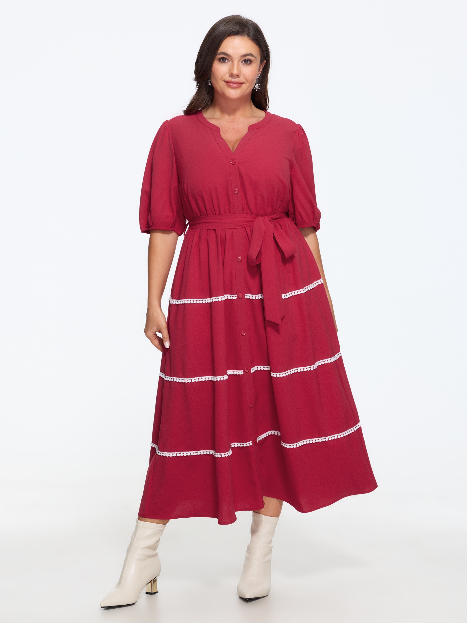 BloomChic Plus Size Lace Trim Button Front Belted Midi Dress - Curve Ladies Urban Red 节庆款 Short sleeve Solid Side Pocket Daily Dresses 14/M