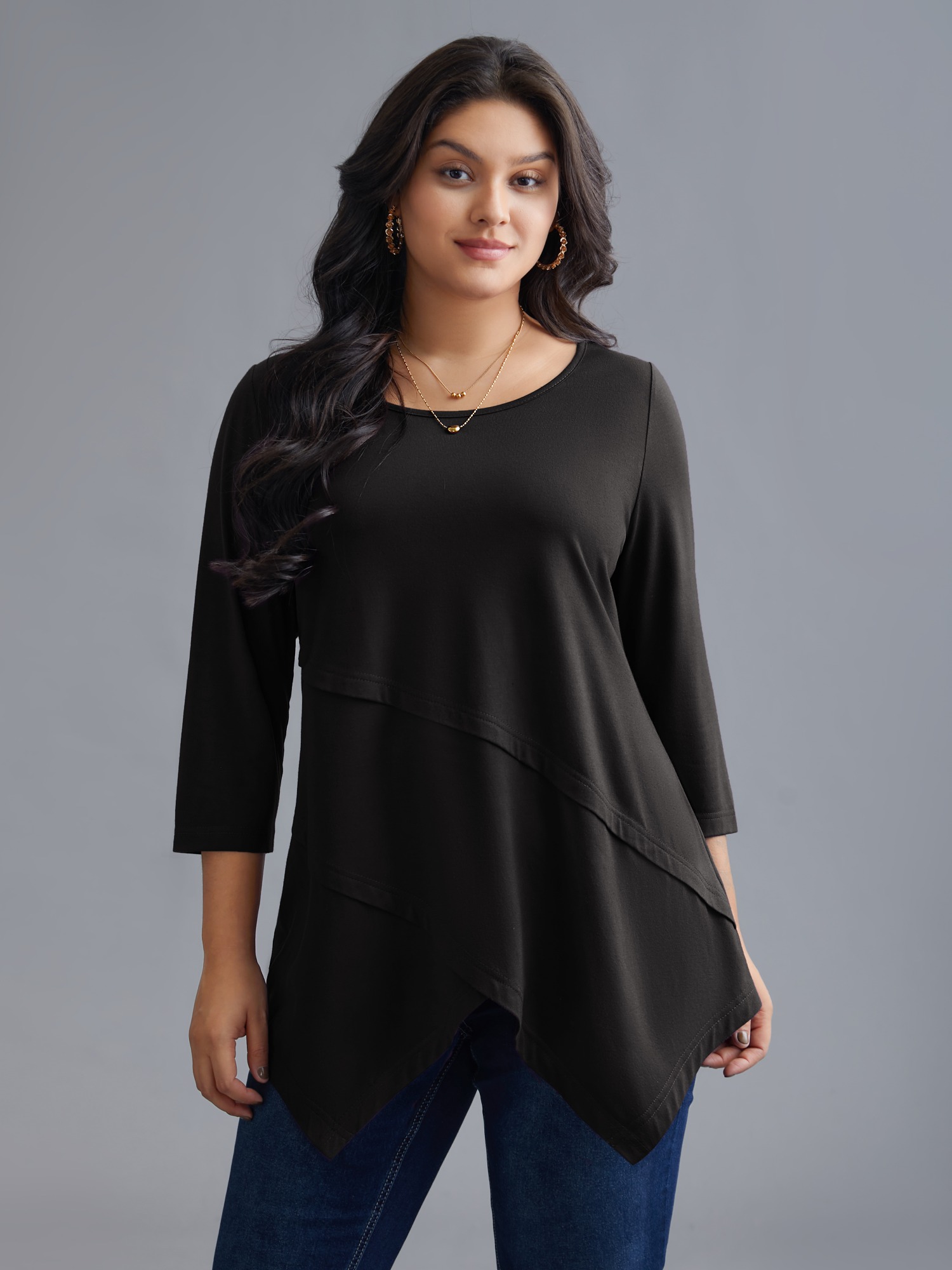 BloomChic Women's Plus Size Asymmetrical Hem Overlap Long T-shirt Denimblack Solid Everyday-Casual 3/4 Sleeve Round Neck 10/M