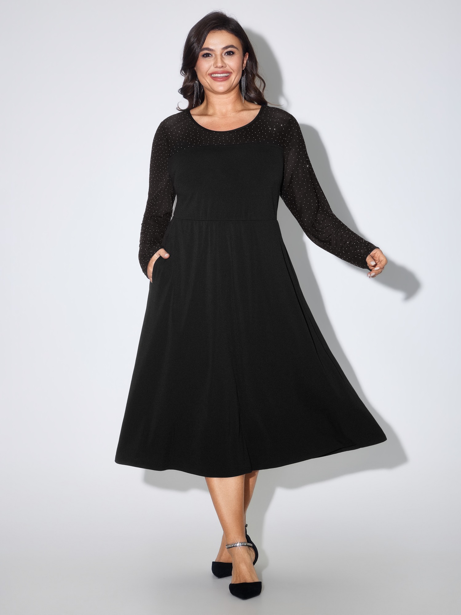 BloomChic Women's Plus Size Glitter Sheer Mesh Long Sleeve Midi Dress Black Occasion Tunic Mesh Panel Round Neck 10/M