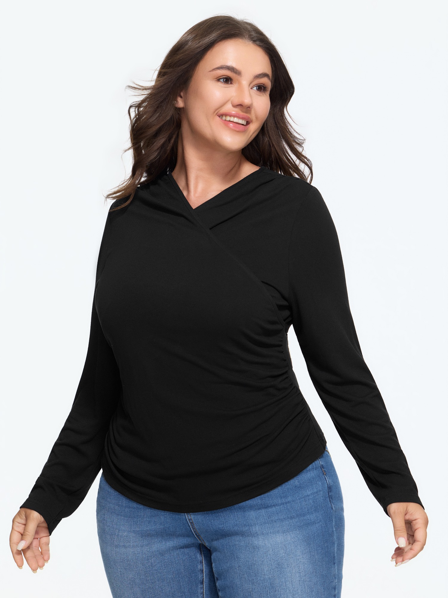 BloomChic Women's Plus Size Stretch Wrap Front Ruched Side T-Shirt Black Solid Everyday-Casual Long Sleeve V-Neck 10/M