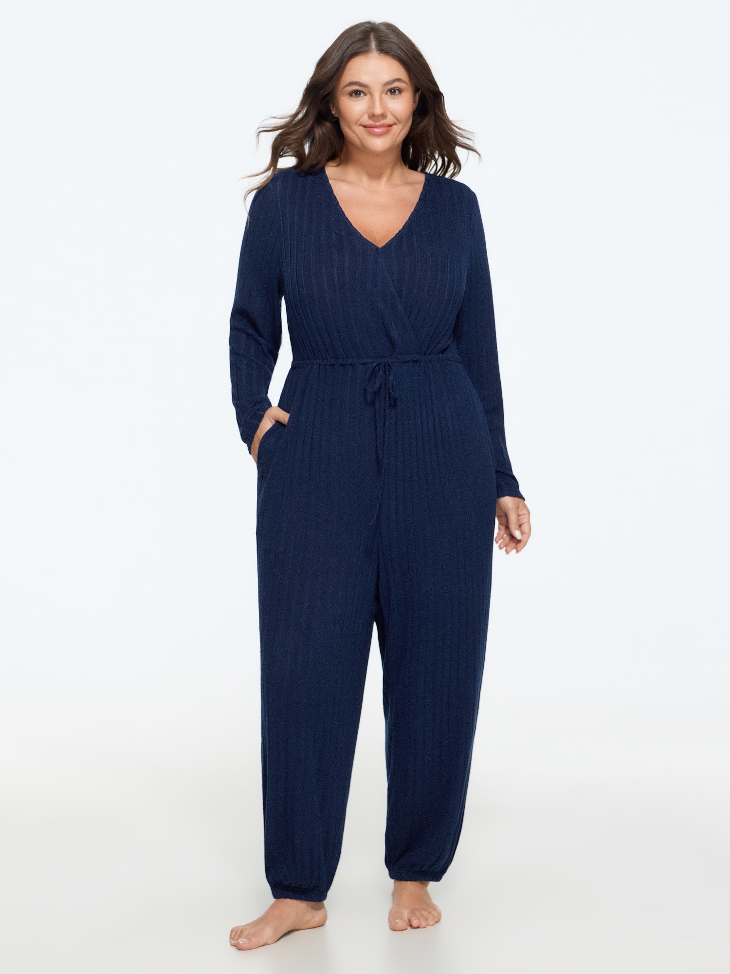 BloomChic Women's Plus Size Supersoft Drawstring Waist Ribbed Knit Lounge Jumpsuit Ocean Cavern 10/M