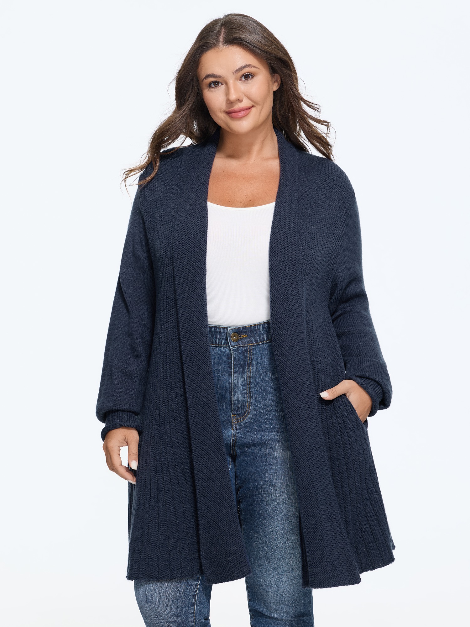 BloomChic Women's Plus Size Ribbed Knit Pocket Open Front Cardigan Sailor Blue Long Sleeve Wide Lapel 10/M