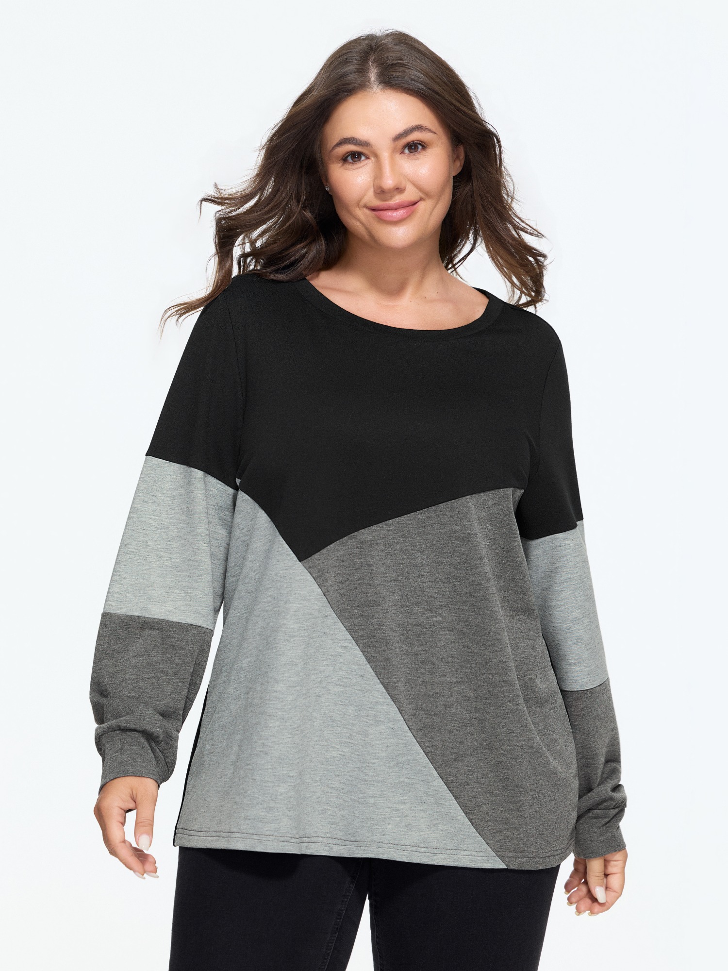 BloomChic Women's Plus Size Color Block Geometric Patchwork Sweatshirt Multicolor Everyday-Casual Round Neck 10/M