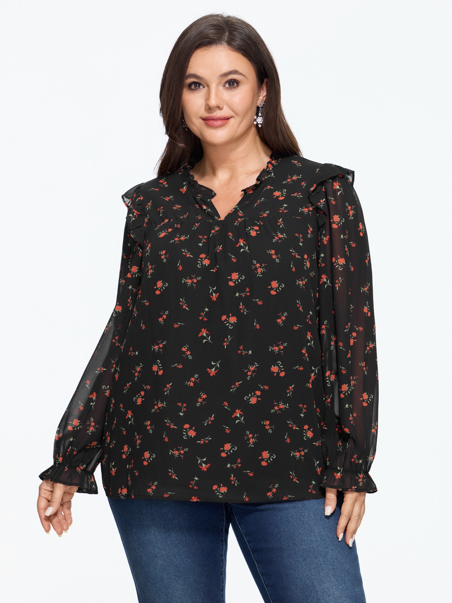 BloomChic Plus Size Floral Print Ruffle Sheer Chiffon Blouse - Women's Black Ditsy Floral V-Notch Neck Long Sleeve 节庆款 Blouses 14/M