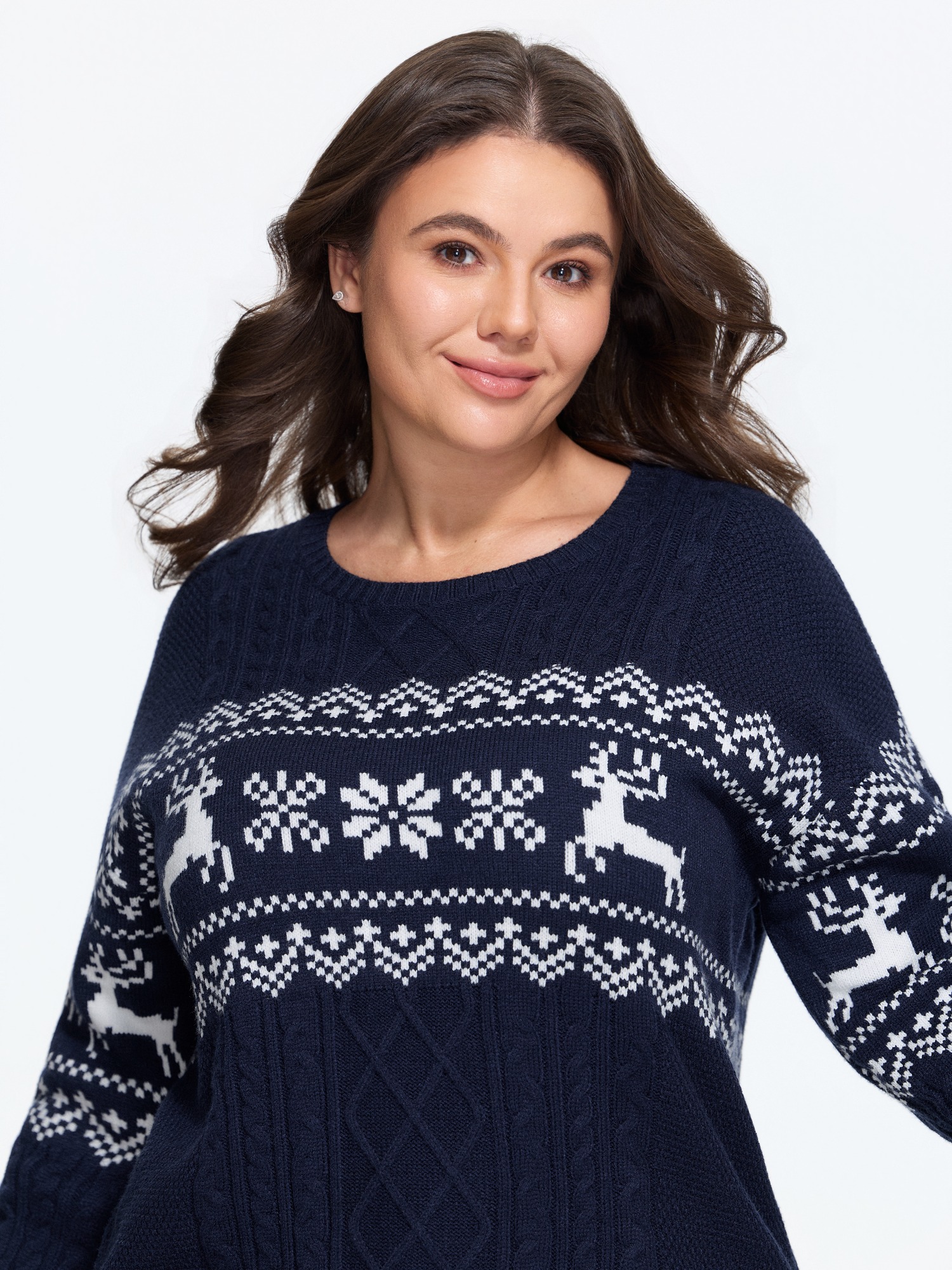 BloomChic Women's Plus Size Reindeer Snowflake Pattern Crew Neck Pullover Indigo Long Sleeve Round Neck 10/M