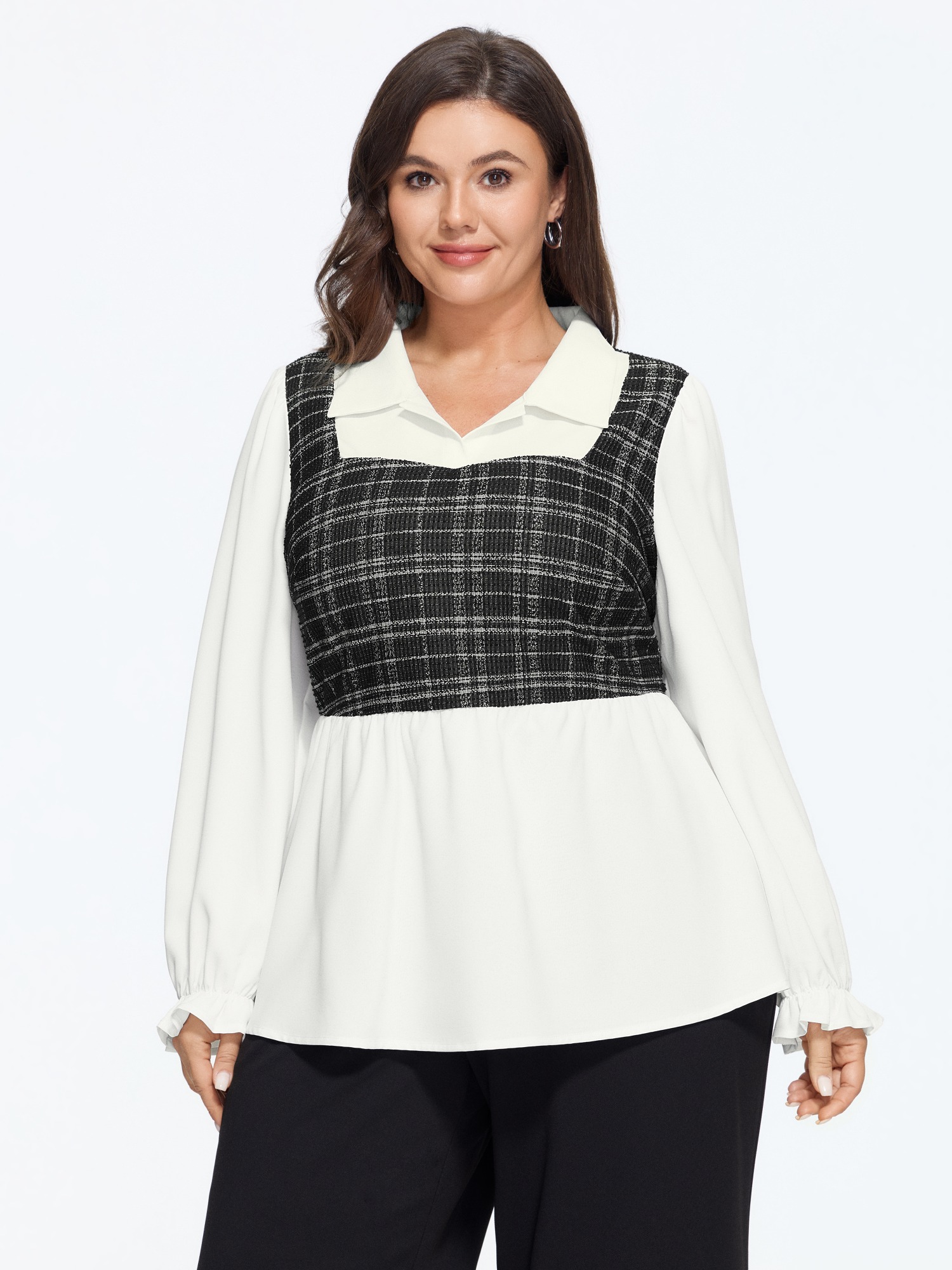 BloomChic Women's Plus Size 2 In 1 Plaid Collared Blouse Black Solid Everyday-Elegant Long Sleeve Collared Neck 22-24/3X