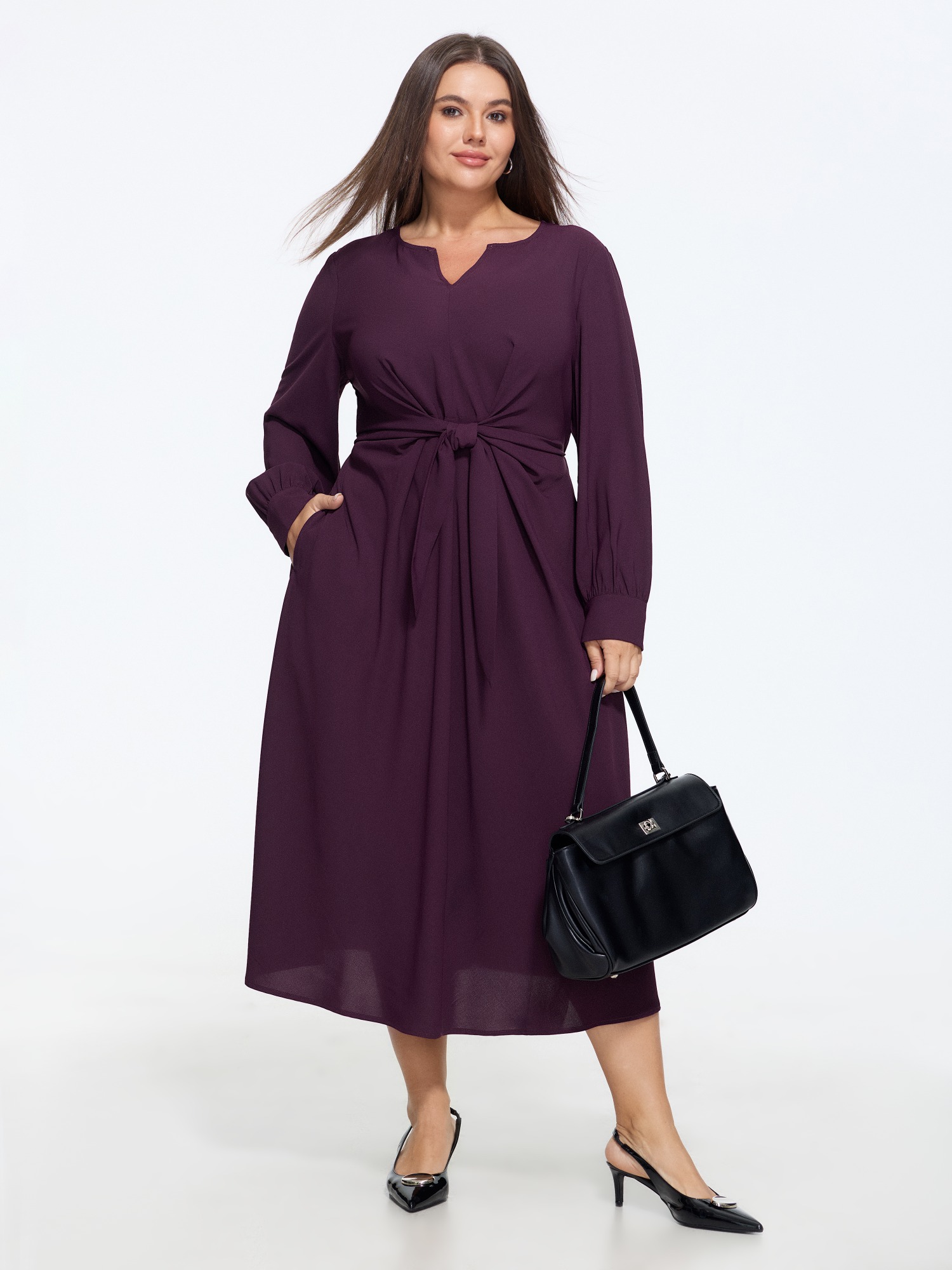 BloomChic Women's Plus Size Notched Neck Waist Tie Midi Dress Grape Wine Solid Midi Office Lace-Up 10/M