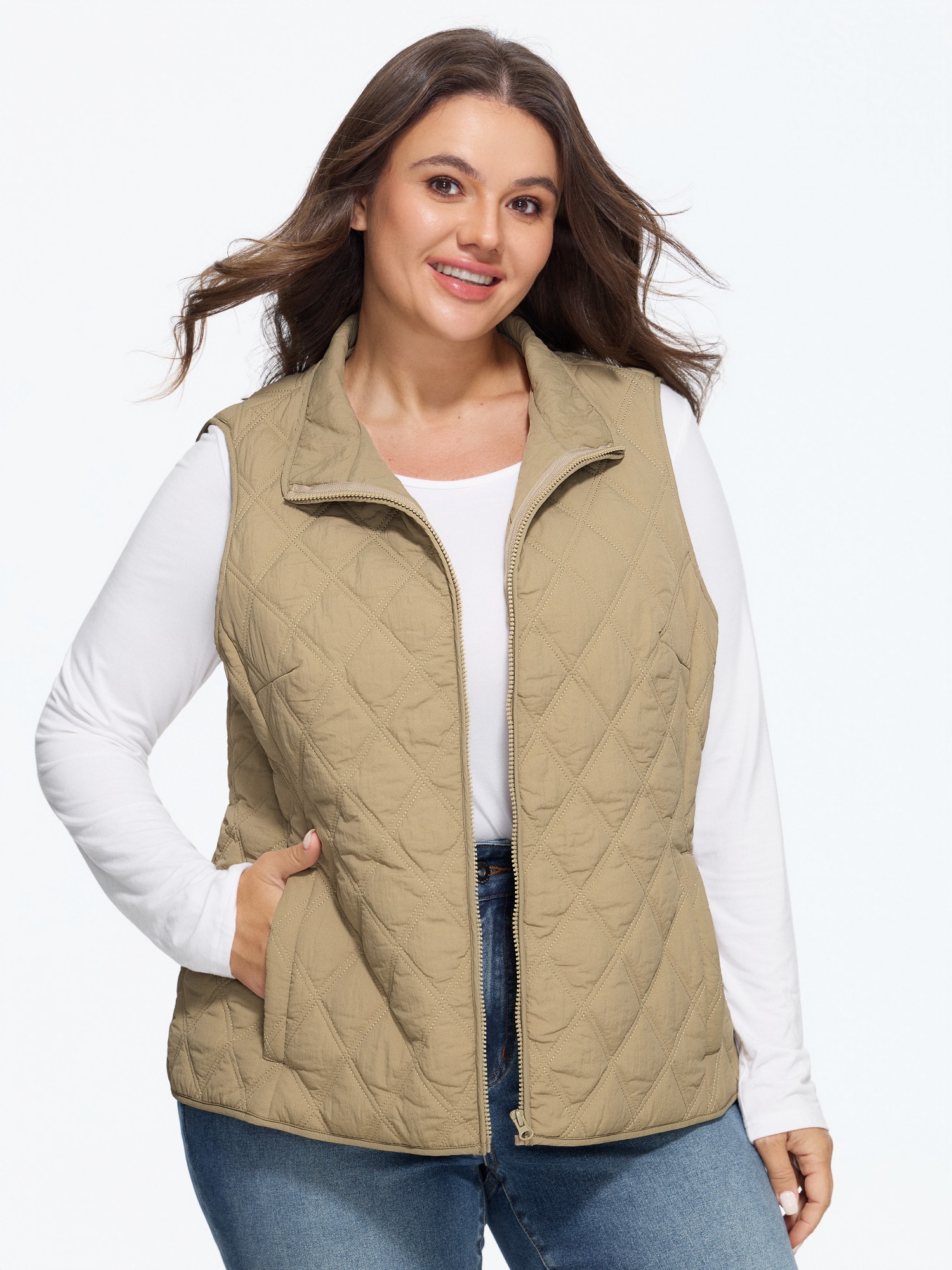 BloomChic Women's Plus Size Cotton Zip Up Pocket Quilted Vest Gilded Beige Non 10/M