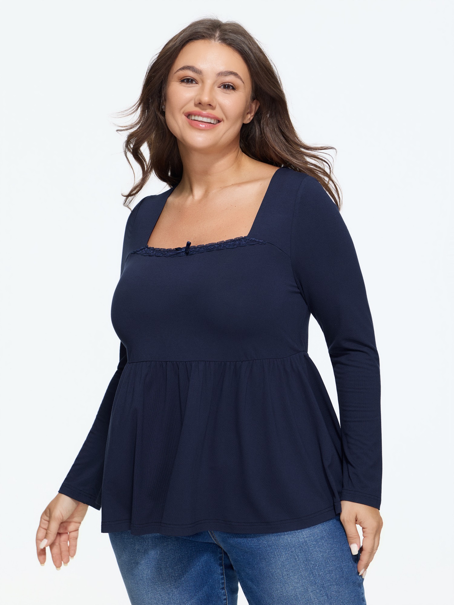 BloomChic Women's Plus Size Supersoft Square Neck Lace Trim Bow Detail Top Ocean Cavern Long Sleeve Everyday-Casual Square Neck 10/M