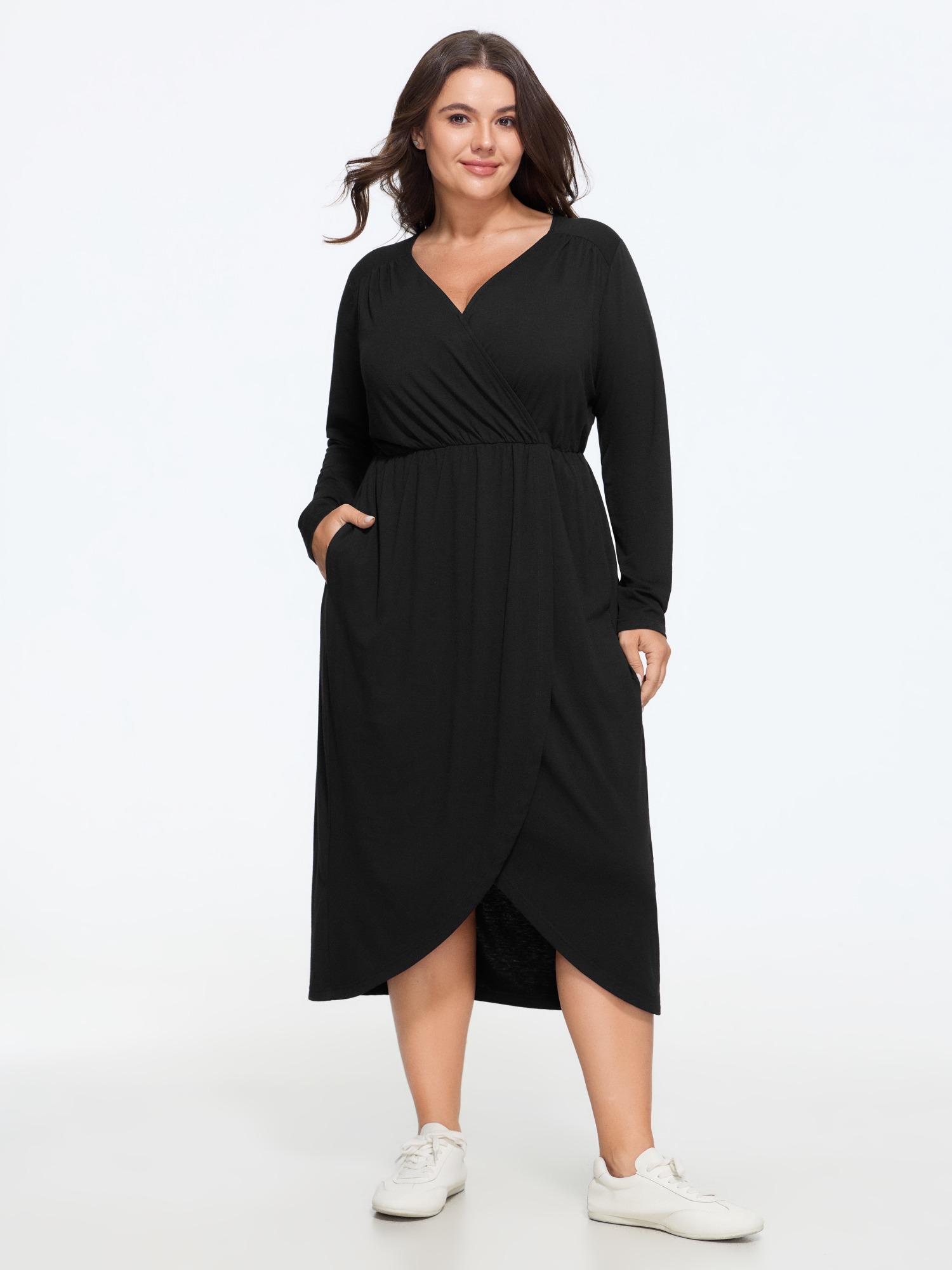 BloomChic Women's Plus Size Supersoft Wrap Neck Irregular Hem Midi Dress Black Solid Midi Everyday-Casual Asymmetrical 10/M