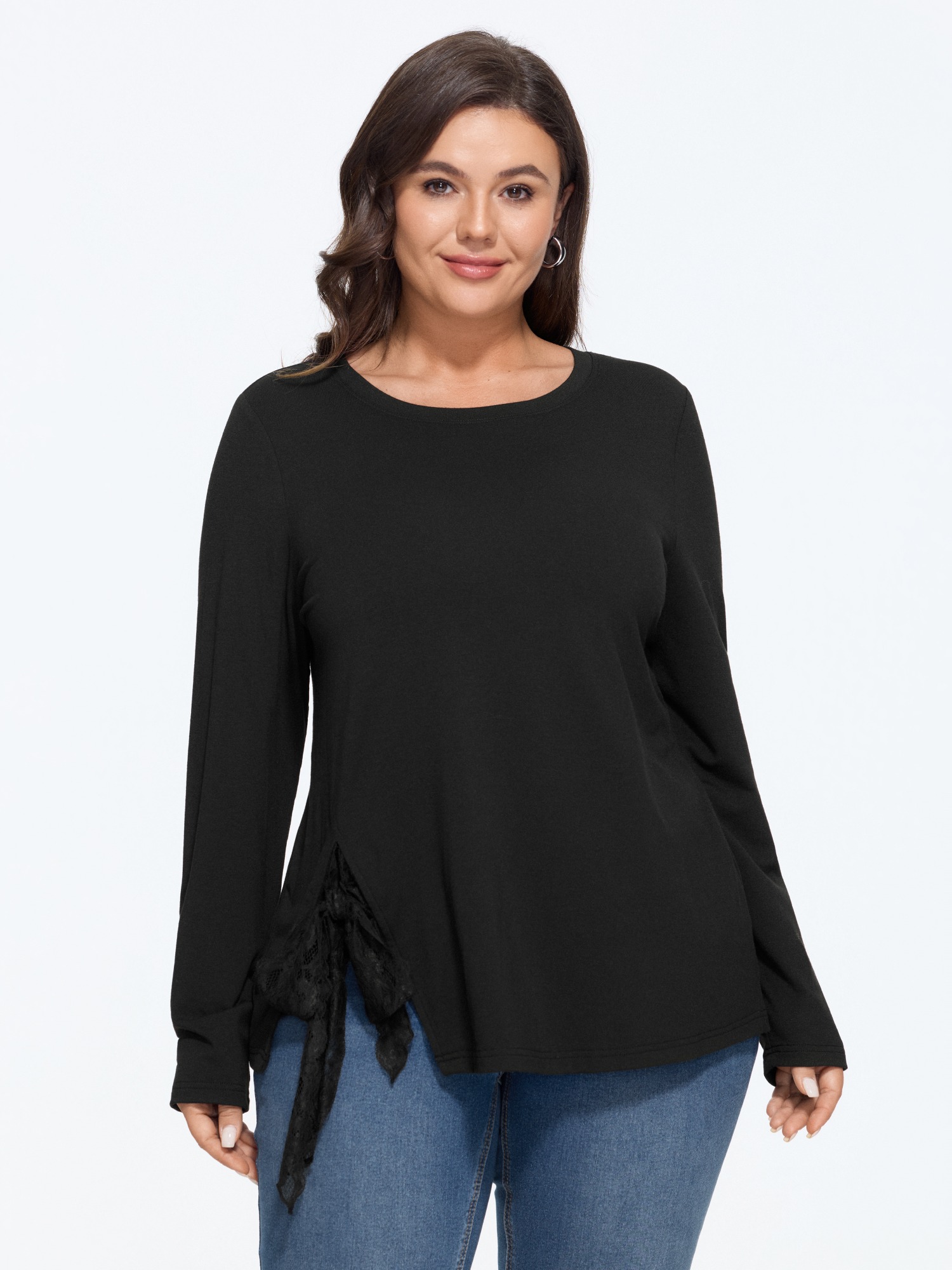 BloomChic Women's Plus Size Side Lace Tie Round Neck T-Shirt Black Solid Everyday-Elegant Long Sleeve Round Neck 12/L