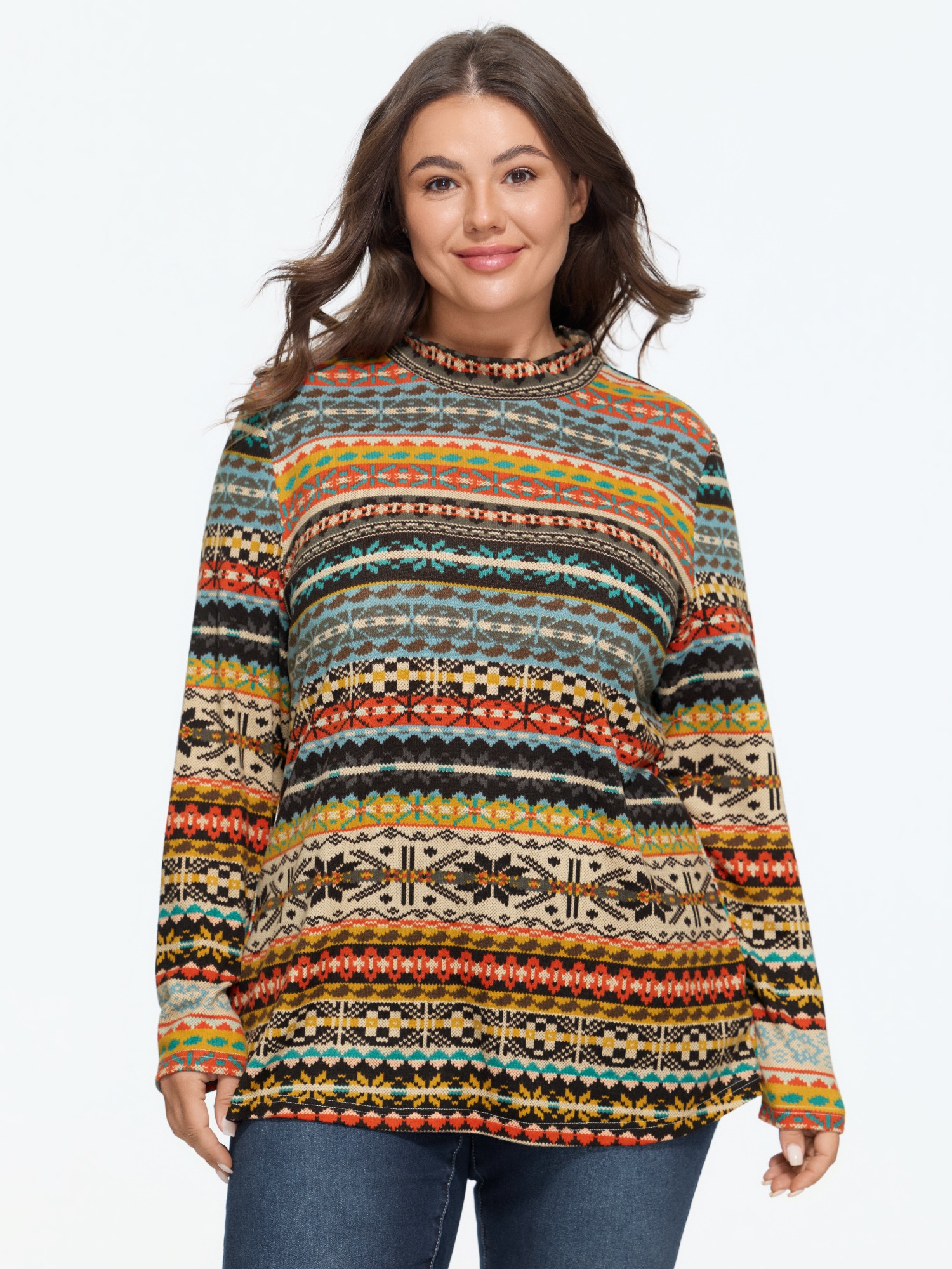 BloomChic Women's Plus Size Boho Print Mock Neck T-Shirt Multicolor Ethnic Floral Everyday-Casual Long Sleeve Mock Neck 12/L