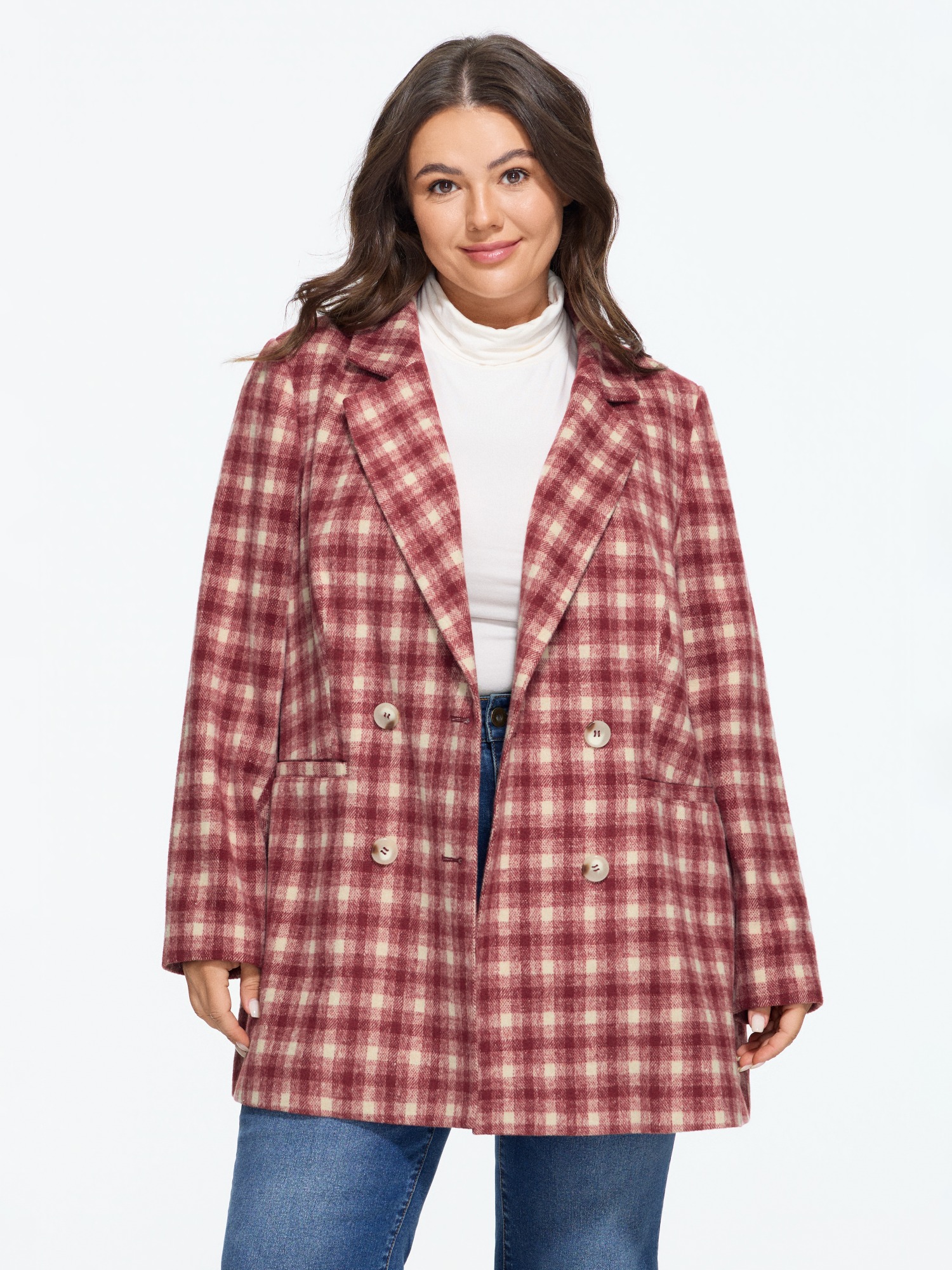 BloomChic Plus Size Plaid Lapel Collar Double Breasted Coat - Curve Women's Winterwear- Rosewood Comfort Midsection Fit Tunic Fit & Flare Coats 34/6X
