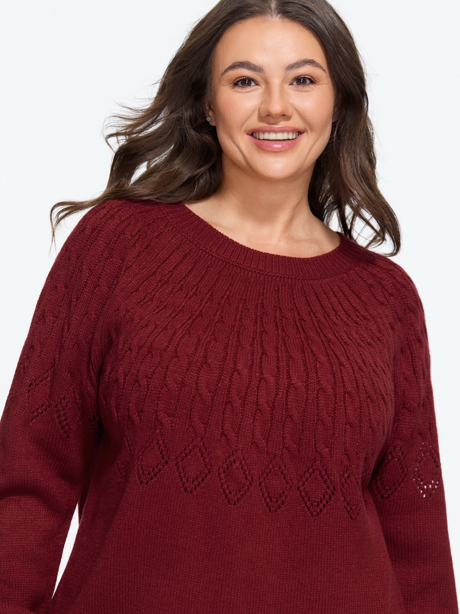 BloomChic Plus Size Round Neck Hollow Out Cable Knit Pullover - Curve Women's Winter Round Neck Straight fit Merlot Ribbed Cuff Sleeve Pullovers 26-28/3X