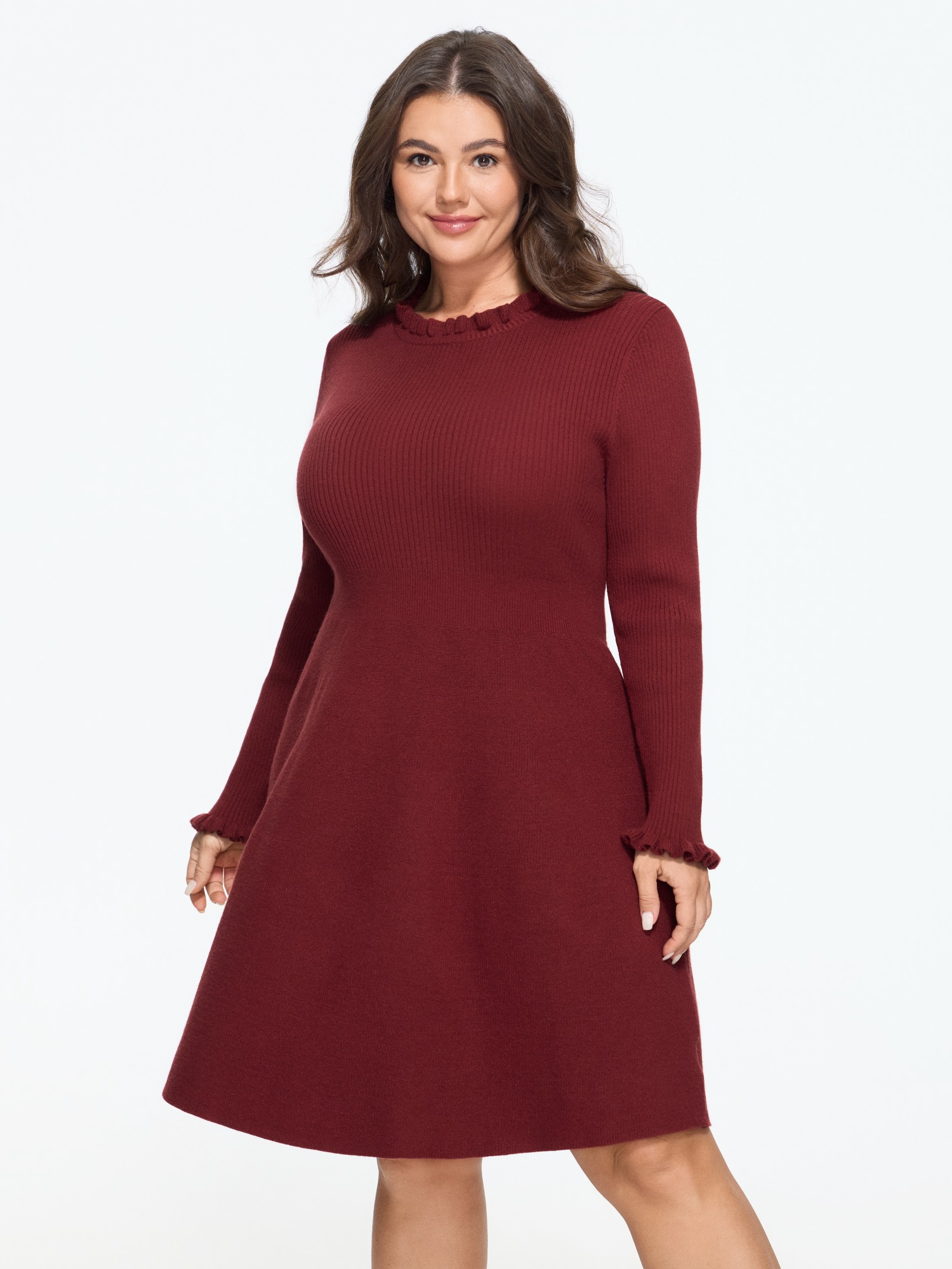 BloomChic Plus Size Supersoft Ruffle Crew Neck Ribbed Knit Sweater Dress - Curve Ladies Merlot 节庆款 Long Sleeve Solid Sweater Dresses 14/M