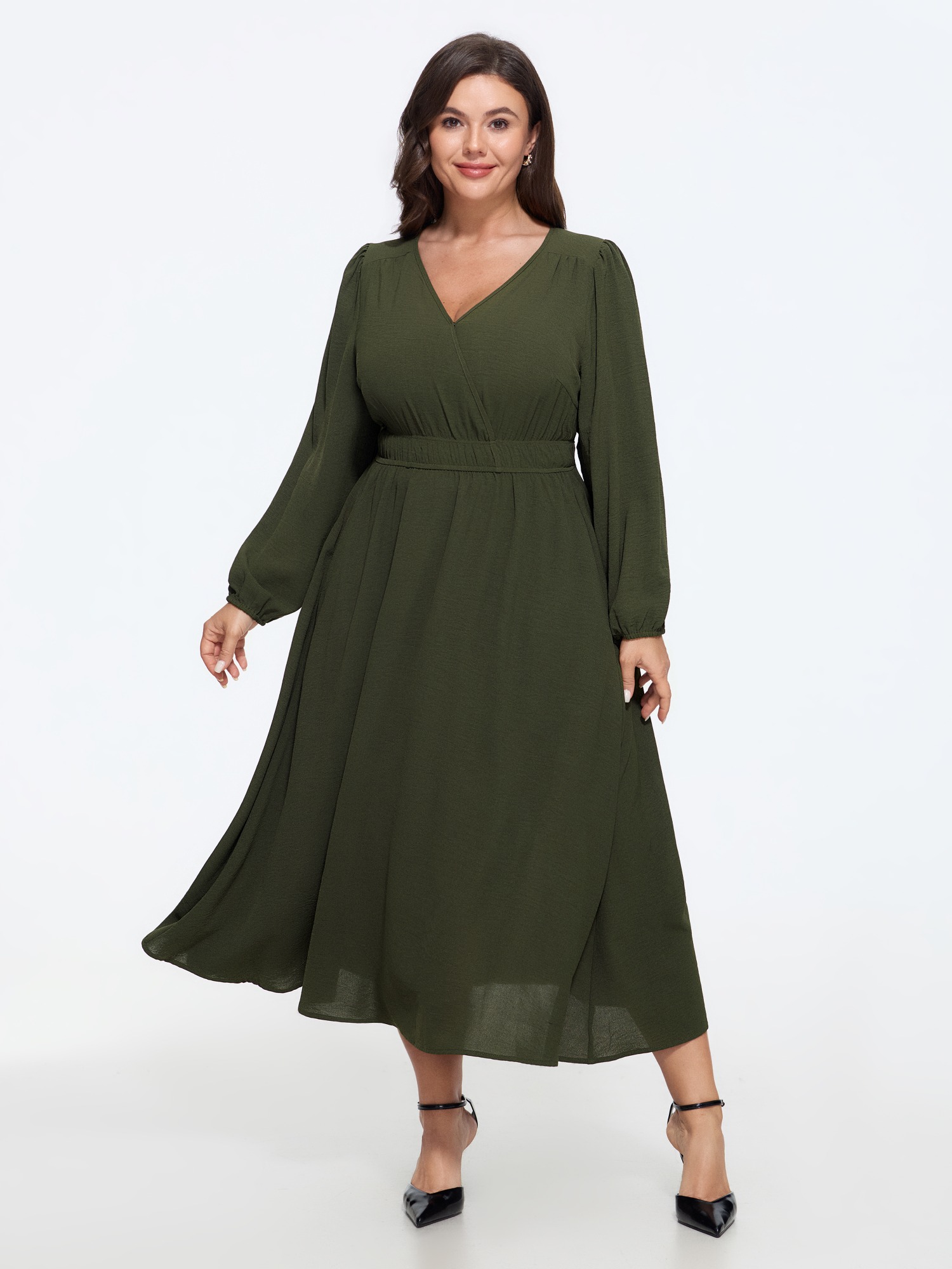 BloomChic Women's Plus Size Wrap Neck Pocket Chiffon Flowy Midi Dress Four Leaf Clover Solid Tunic Everyday-Elegant Smocked 10/M