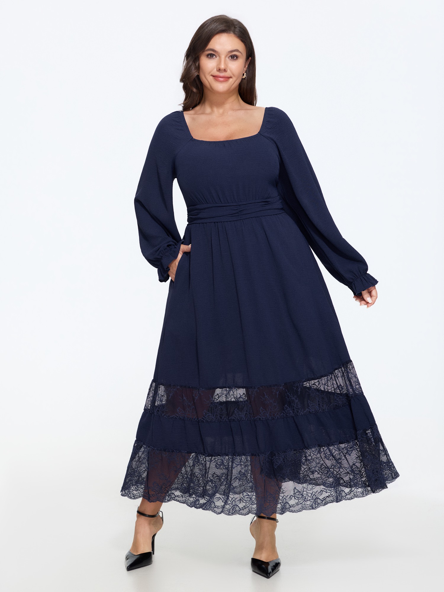 BloomChic Women's Plus Size Square Neck Patchwork Lace Hem Tiered Maxi Dress Ocean Solid Maxi Everyday-Elegant Patchwork 14-16/1X