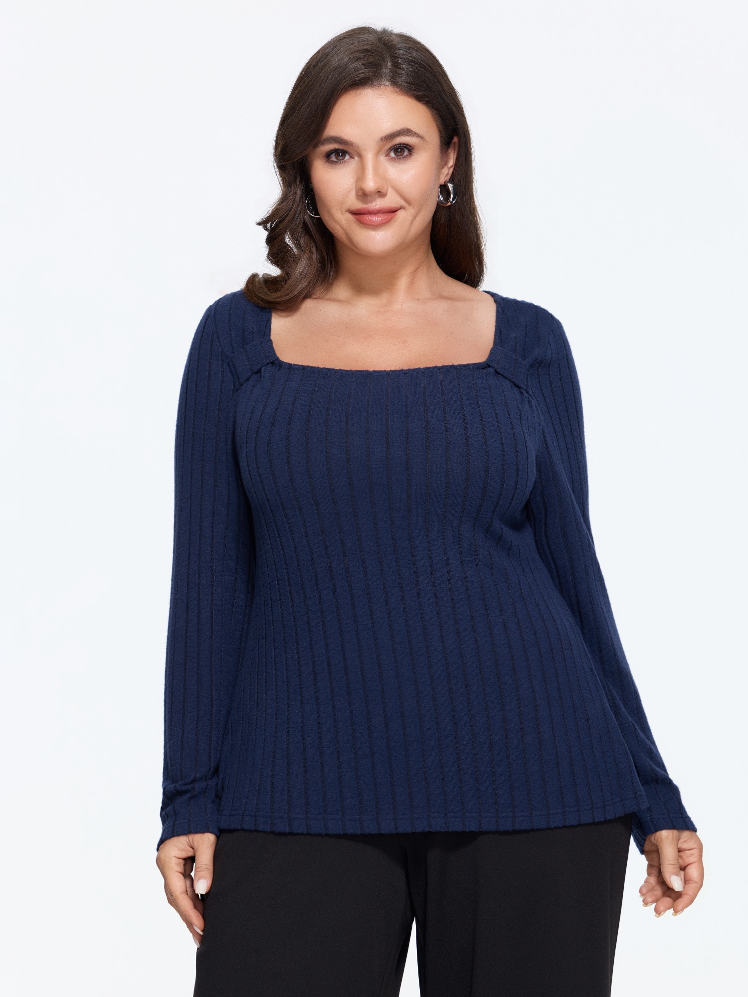 BloomChic Women's Plus Size Stretchy Square Neck Ribbed Knit Top Ocean Long Sleeve Everyday-Elegant U-Neck 10/M
