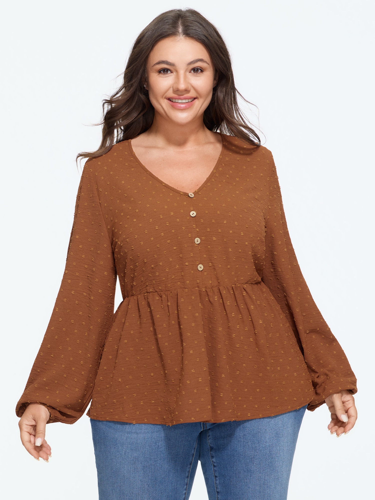 BloomChic Women's Plus Size Textured V Neck Button Down Blouse Lion Solid Everyday-Casual Long Sleeve V-Neck 14-16/1X