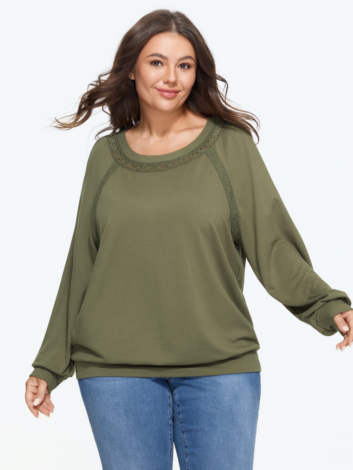 BloomChic Women's Plus Size Lace Trim Round Neck Sweatshirt Capulet Olive Everyday-Casual Round Neck 10/M
