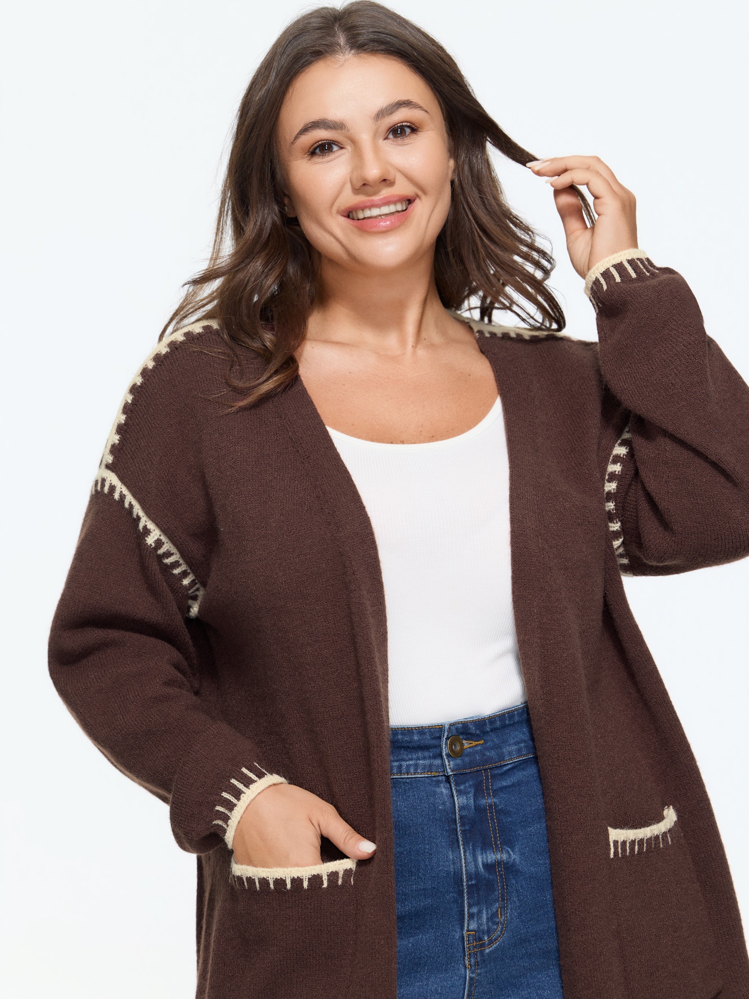 BloomChic Women's Plus Size Contrast Stitch Pocket Open Front Cardigan Chocolate Lab Long Sleeve V-Neck 10/M