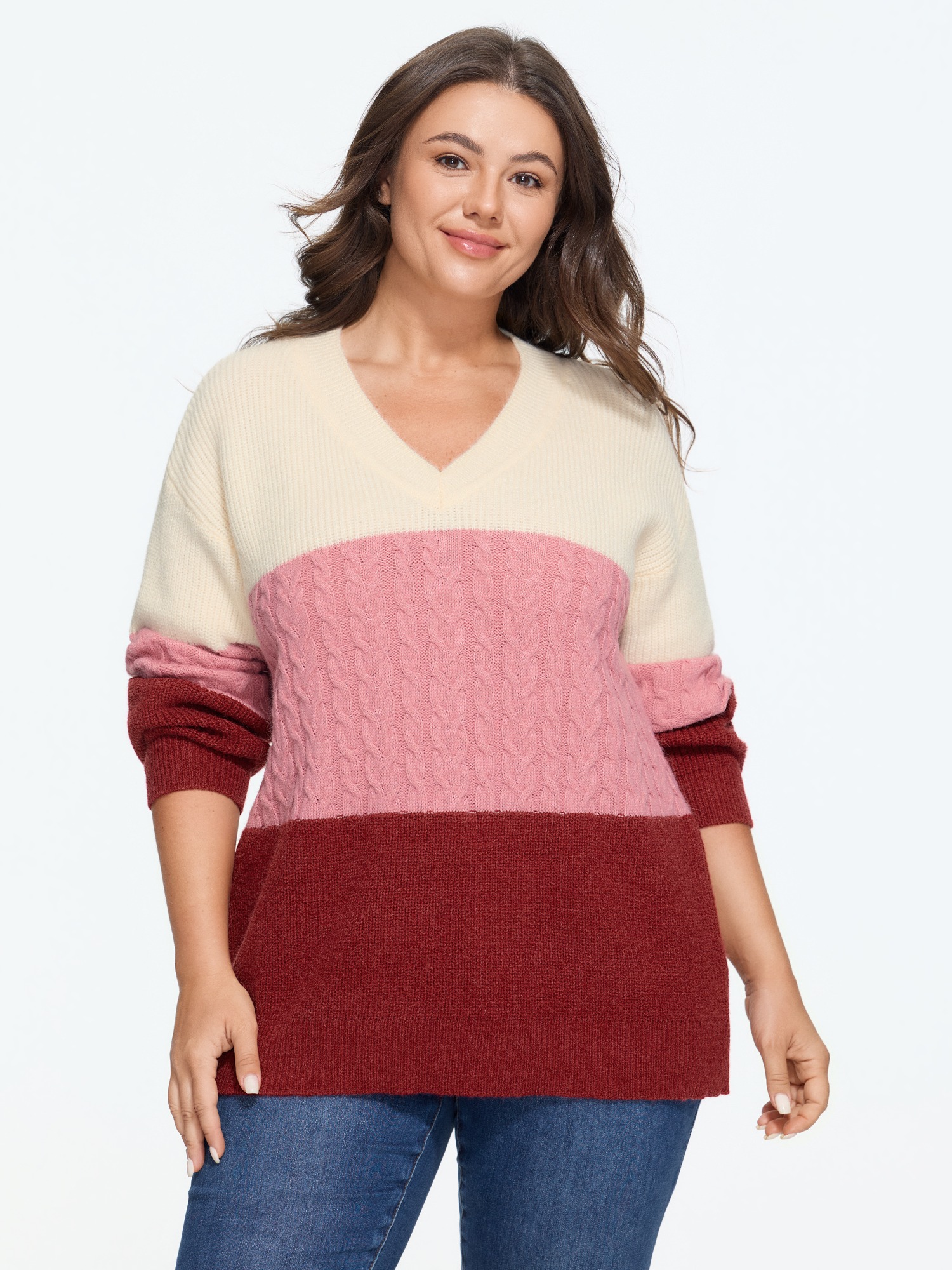 BloomChic Women's Plus Size Color Block Cable Knit V Neck Pullover Multicolor Long Sleeve V-Neck 10/M