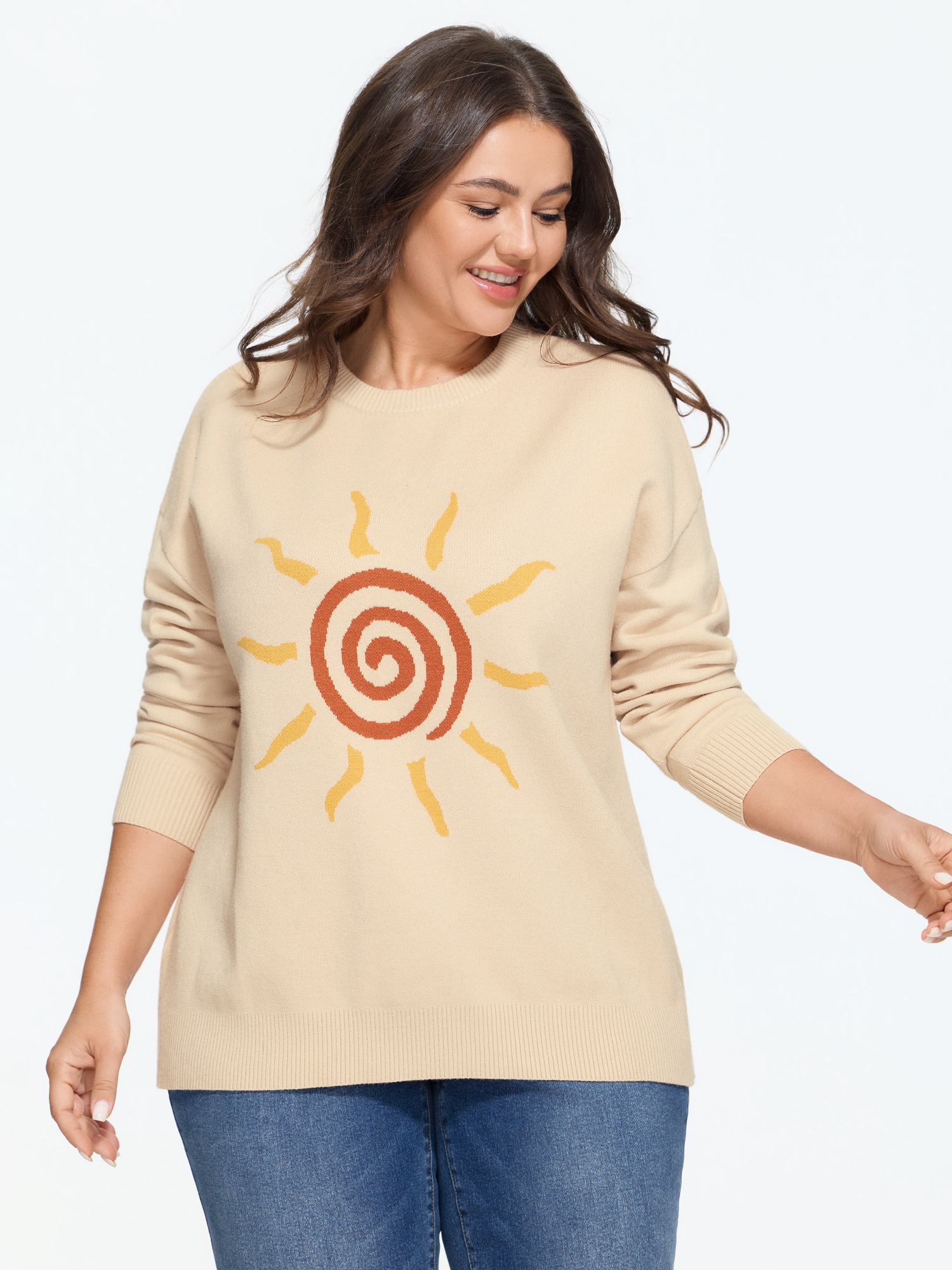 BloomChic Women's Plus Size Supersoft Sun Jacquard Crew Neck Pullover Angora Sun & Moon Long Sleeve Round Neck 26/4X