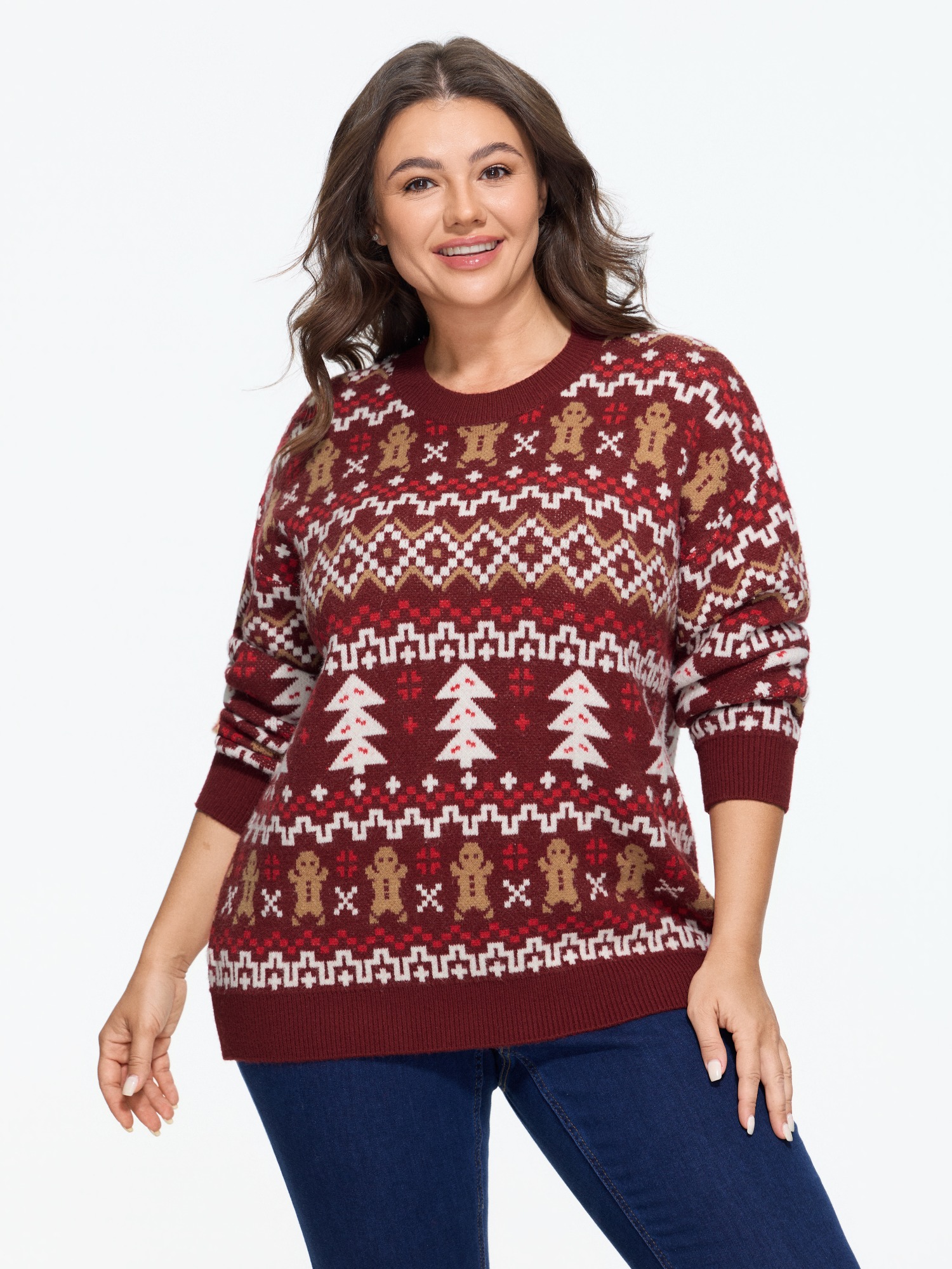 BloomChic Plus Size Fair Isle Christmas Jacquard Round Neck Pullover - Curve Women's Winter Round Neck Cocoon Colorblock Easy Pull-On Merlot Ribbed Cuff Sleeve Pullovers 14/M