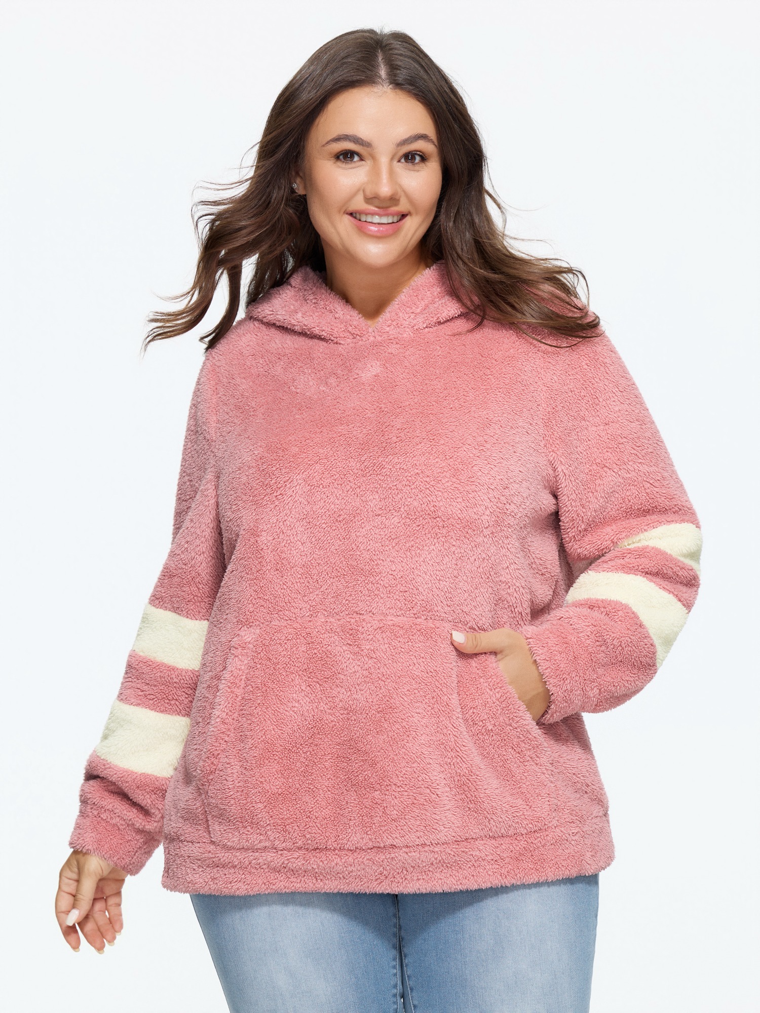 BloomChic Women's Plus Size Fleece Striped Sleeve Pocket Hooded Sweatshirt Coral Almond Everyday-Casual Hooded Neck 10/M