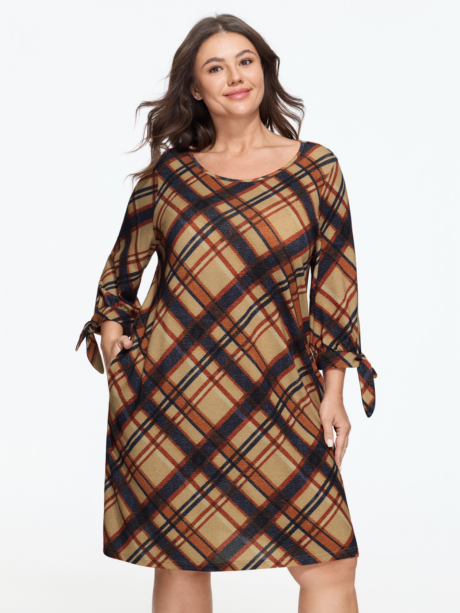 BloomChic Women's Plus Size Plaid 3/4 Tie Sleeve Pocket Mini Dress Multicolor Plaid Mini Everyday-Casual Bowknot 14-16/1X
