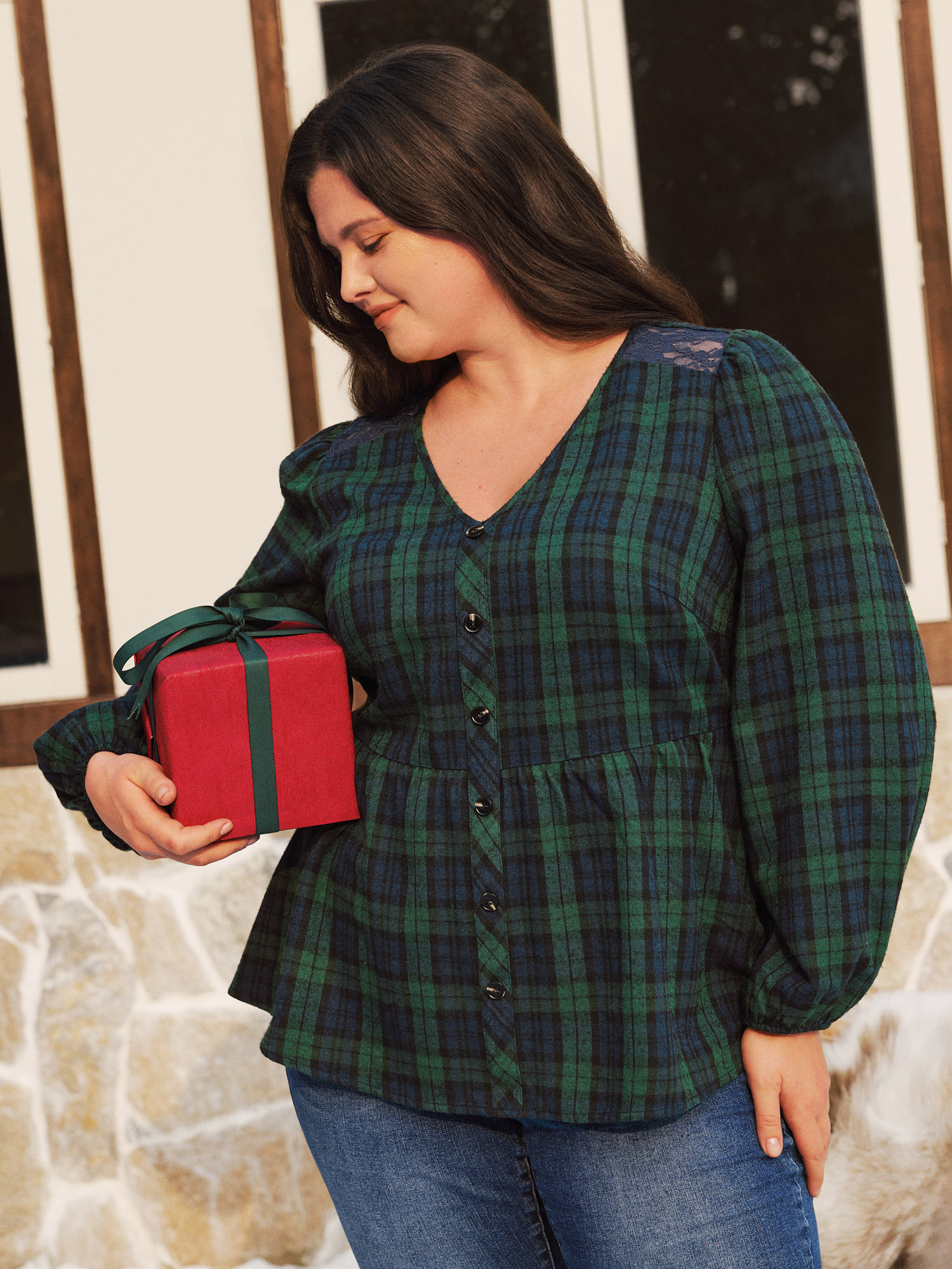 BloomChic Plus Size Plaid Lace Shoulder Button Front Peplum Blouse - Women's DarkGreen Plaid V-Neck Long Sleeve 节庆款 Blouses 14/M