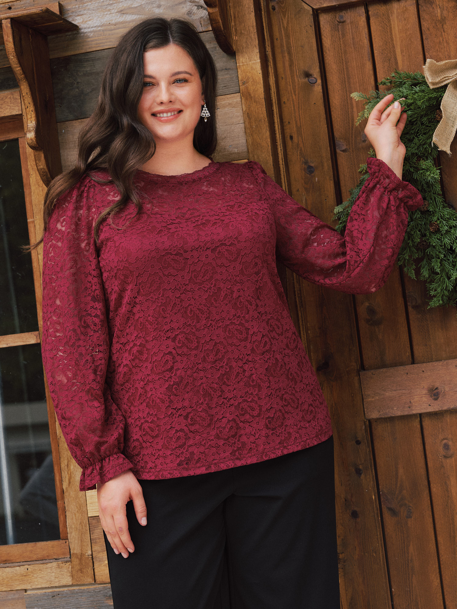BloomChic Plus Size Lace Round Neck Ruffle Long Sleeve Top - Women's Scarlet Solid Round Neck Long Sleeve 节庆款 Knit Tops 14/M