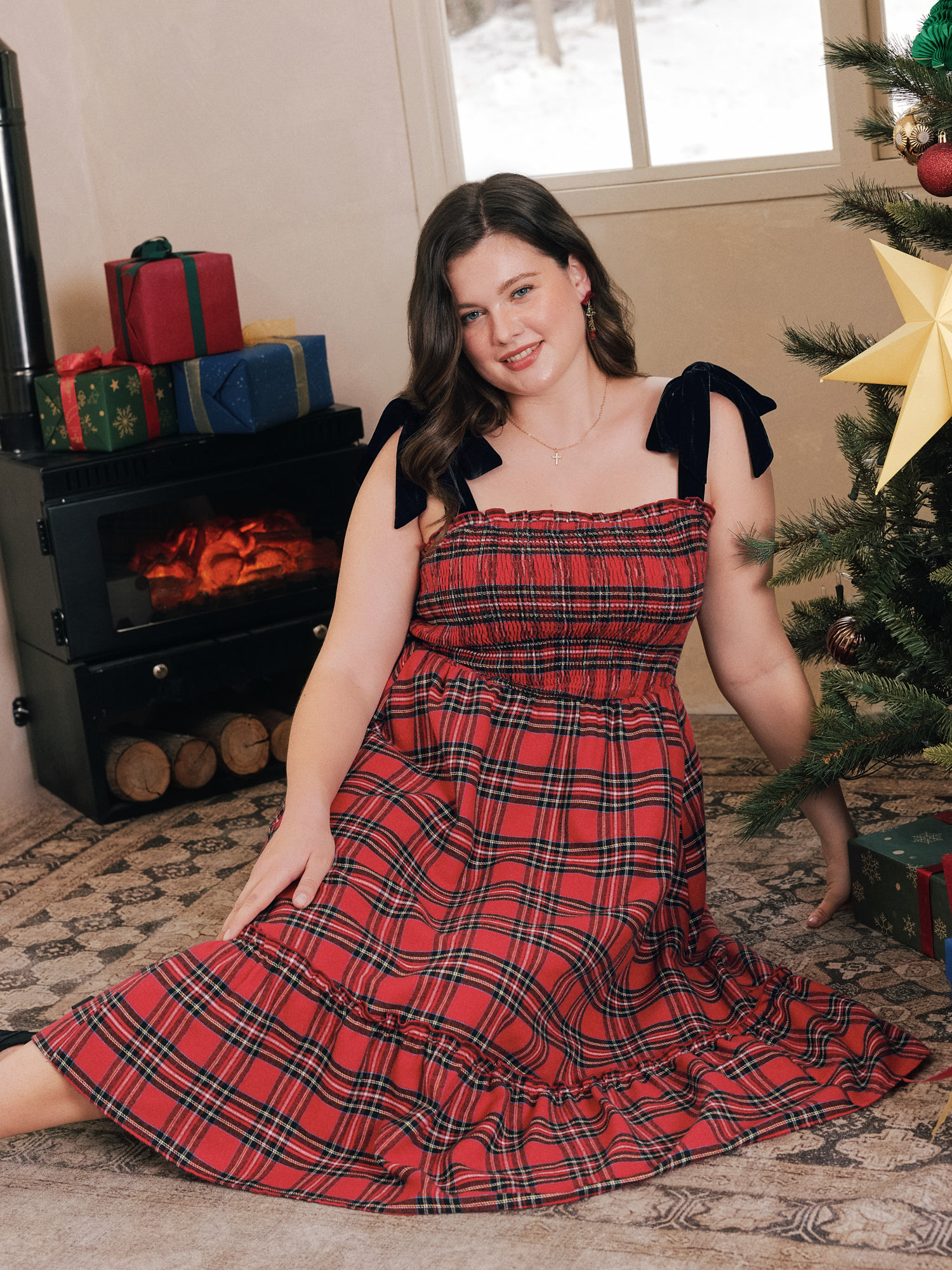BloomChic Plus Size Plaid Tie Shoulder Shirred Tiered Midi Dress - Curve Ladies Multicolor Americana Daily Sleeveless Plaid Hidden Pocket Daily Dresses 14/M