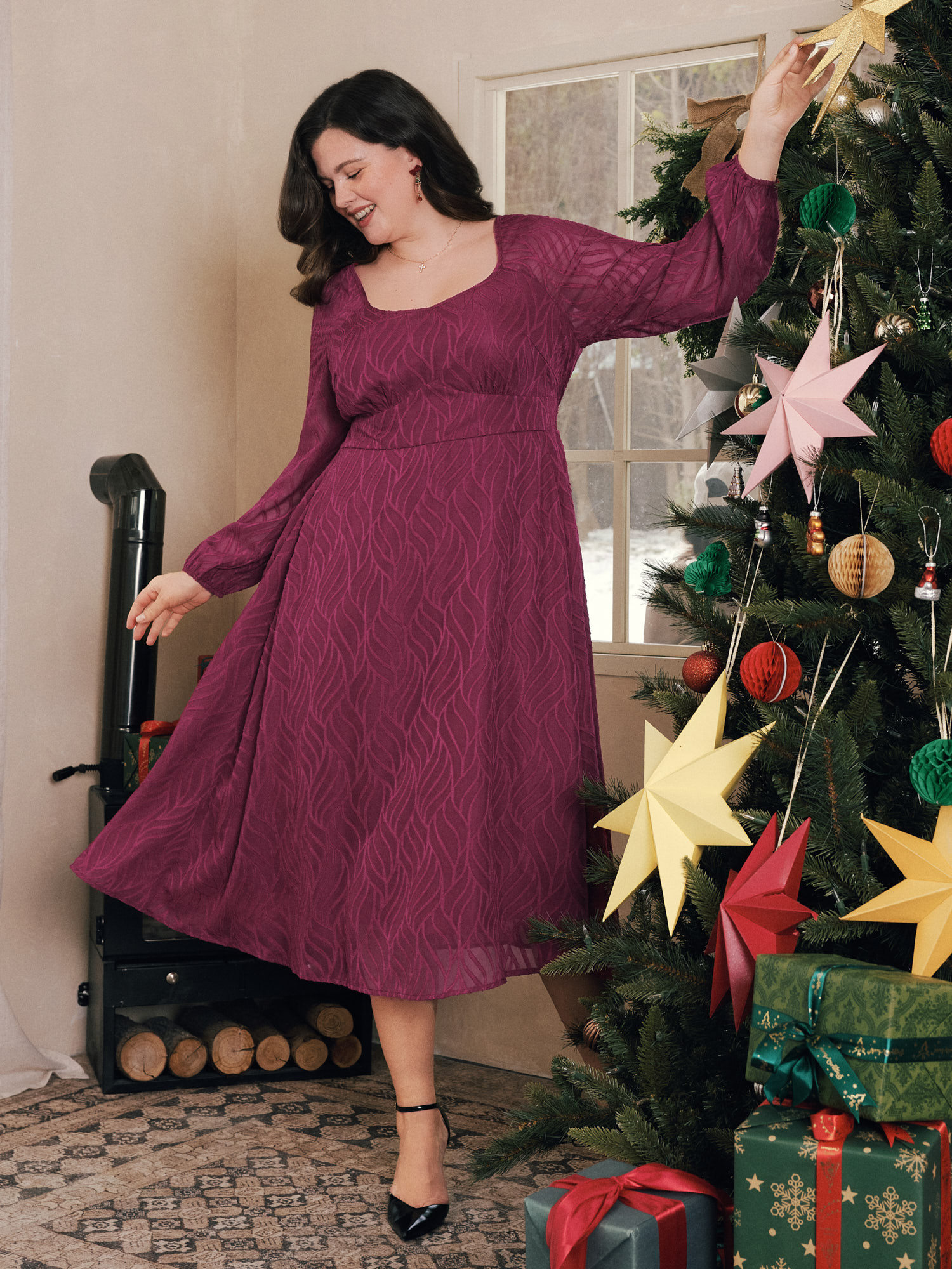 BloomChic Plus Size Textured Square Neck Flowy Midi Dress - Curve Ladies Garnet 节庆款 Long Sleeve Solid Side Pocket Daily Dresses 14/M