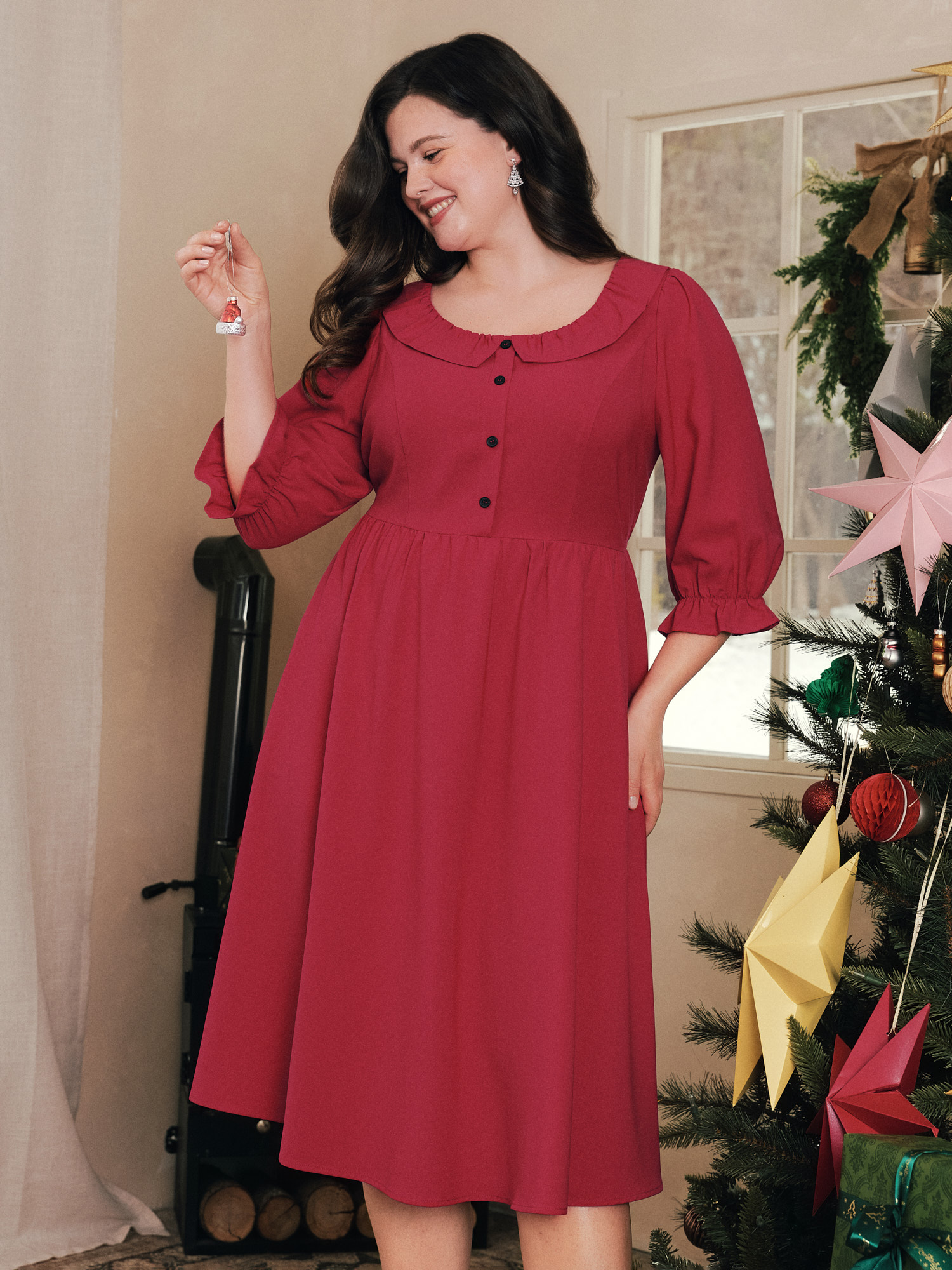 BloomChic Plus Size Solid 3/4 Puff Sleeve Button Front Midi Dress - Curve Ladies Urban Red 节庆款 Long Sleeve Solid Side Pocket Daily Dresses 34/6X