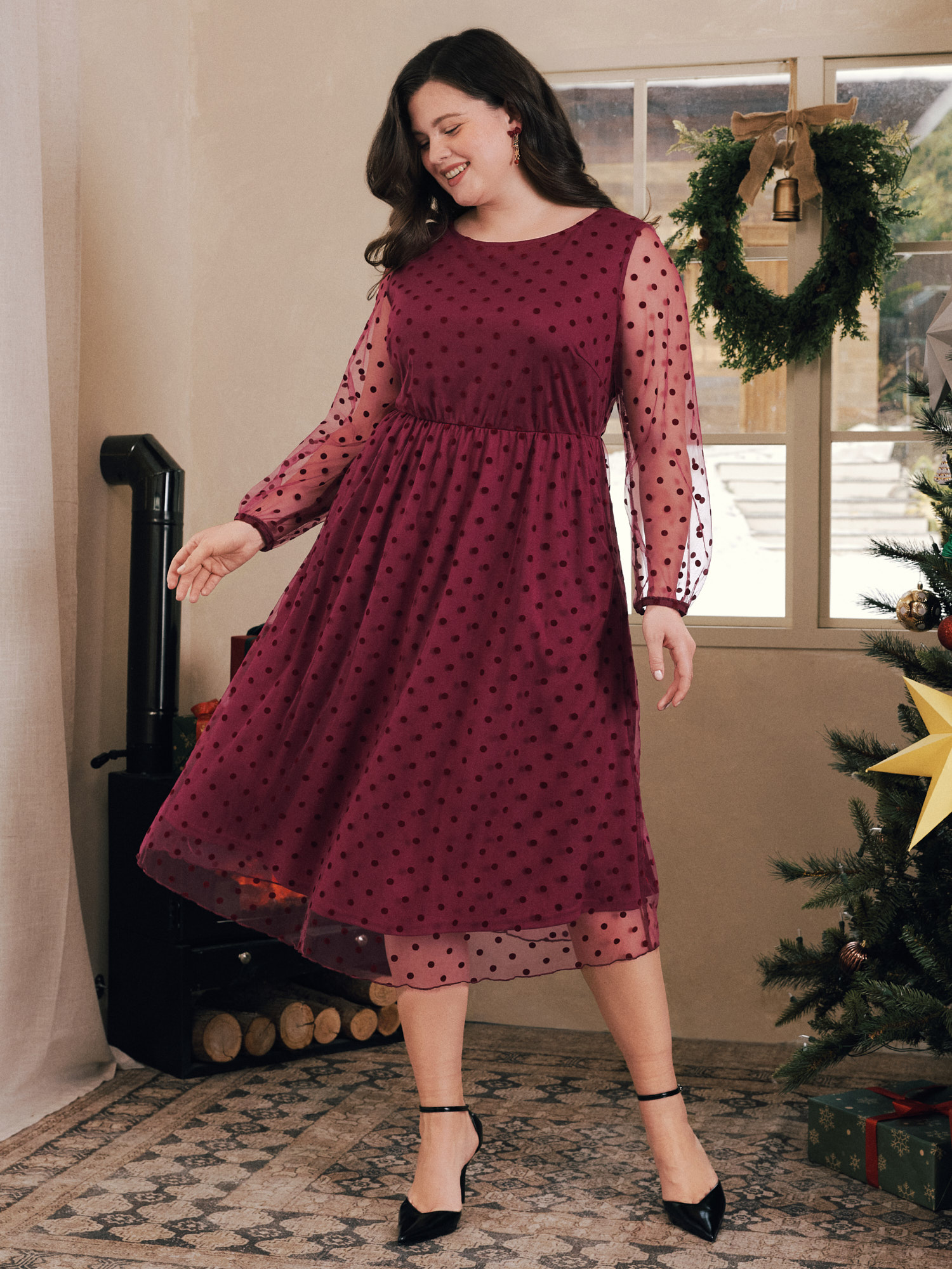 BloomChic Plus Size Polka Dot Flocking Sheer Tulle Midi Dress - Curve Ladies Burgundy 节庆款 Long Sleeve Solid Side Pocket Daily Dresses 14/M