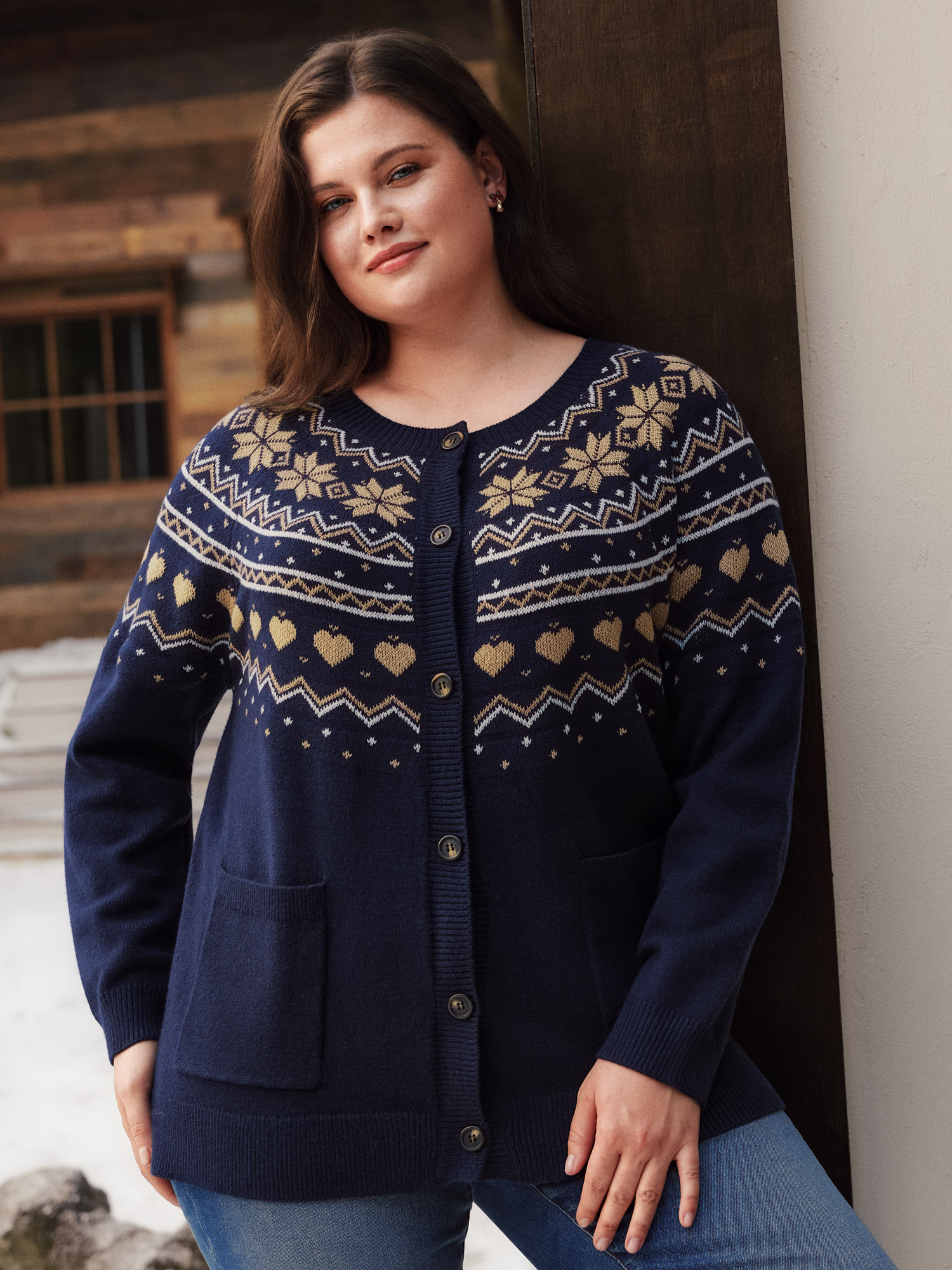 BloomChic Women's Plus Size Supersoft Snowflake Heart Pattern Button Down Cardigan Ocean Long Sleeve Round Neck 10/M