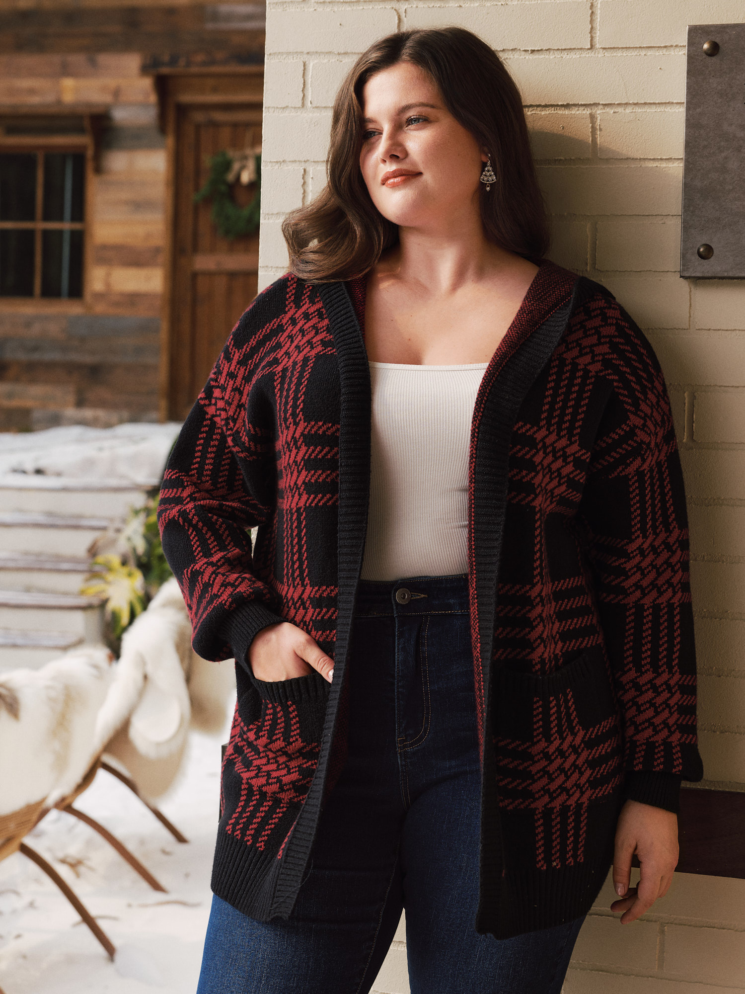 BloomChic Women's Plus Size Color Block Plaid Open Front Hooded Cardigan Black Long Sleeve Hooded Neck 10/M