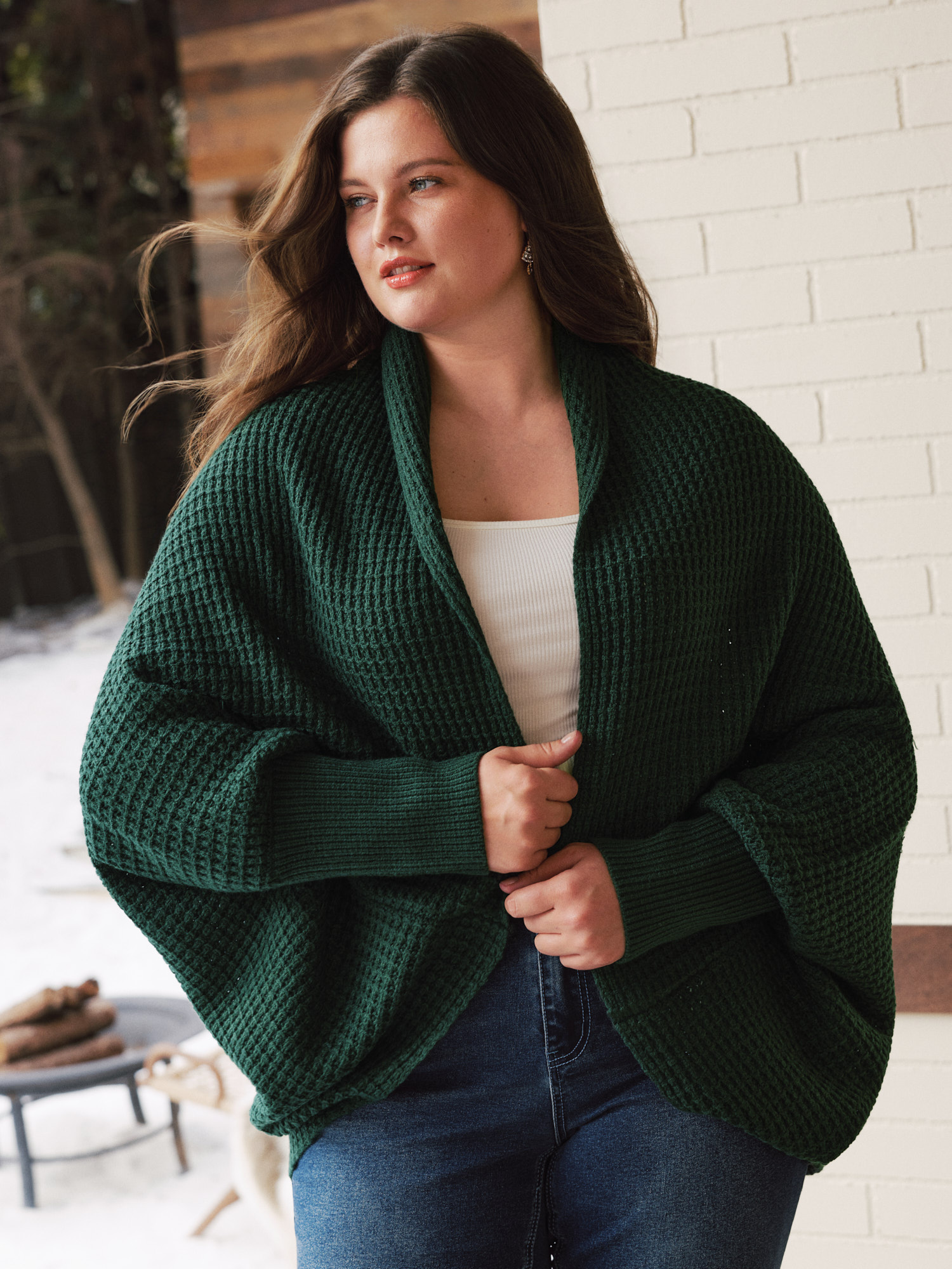 BloomChic Plus Size Textured Batwing Sleeve Open Front Cardigan - Curve Women's Winter V-Neck Cocoon Cable Knit Sea Moss Open Front Cardigans 14/M