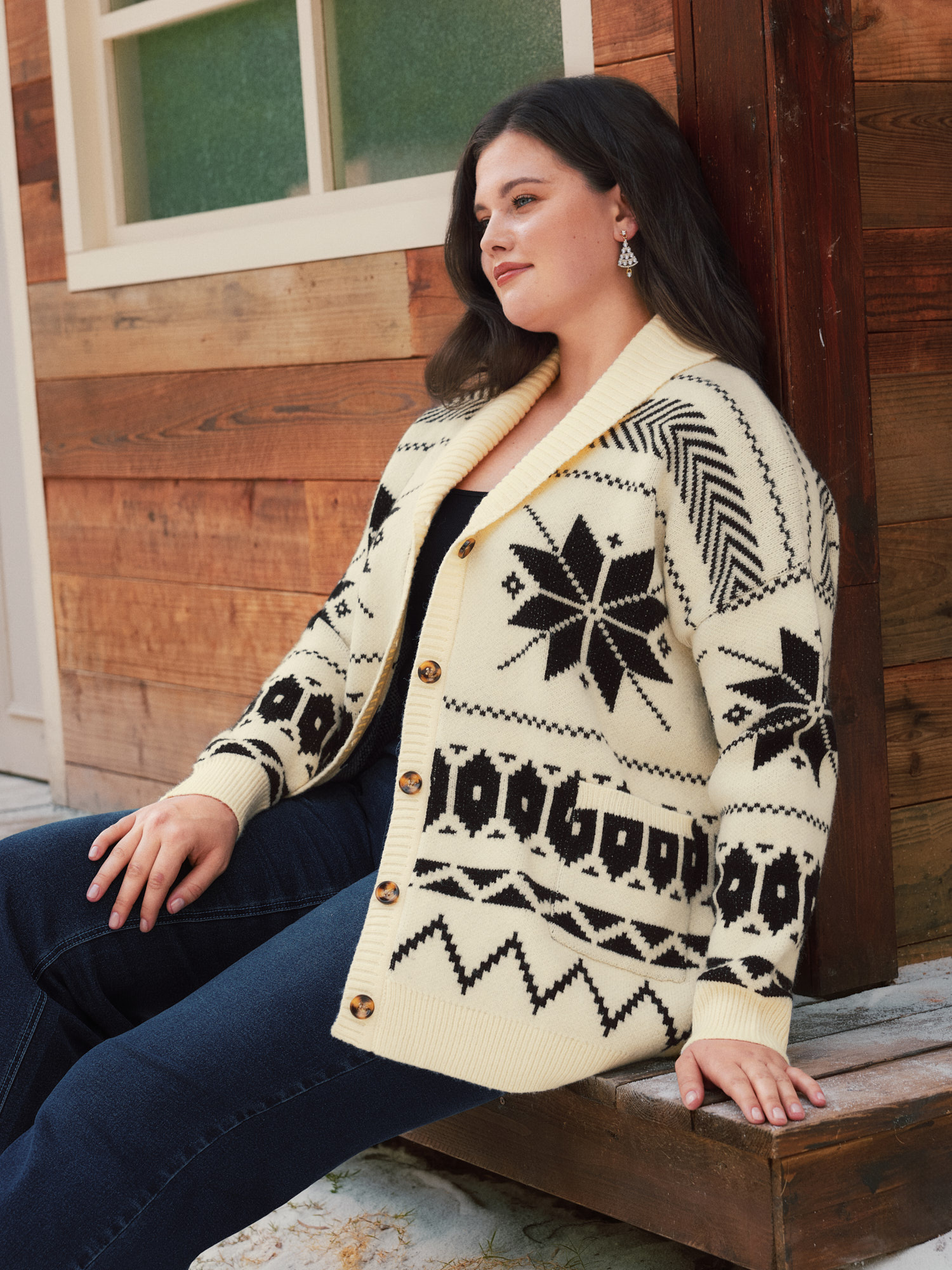 BloomChic Women's Plus Size Shawl Collar Snowflake Geo Pattern Cardigan Whisper White Long Sleeve Wide Lapel 10/M