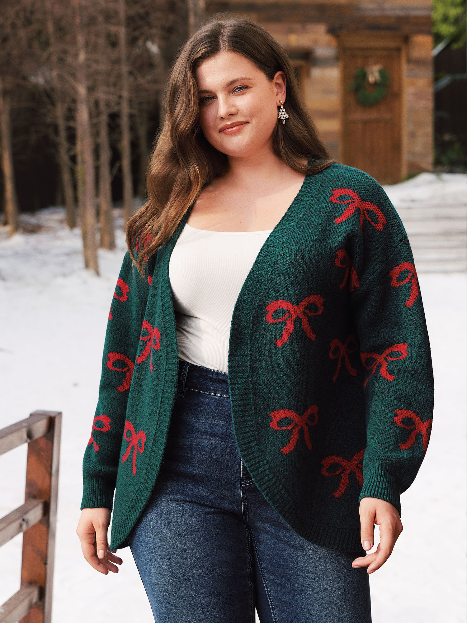BloomChic Plus Size Bow Jacquard Open Front Cardigan - Curve Women's Winter V-Neck Straight fit Sea Moss Open Front Cardigans 14/M