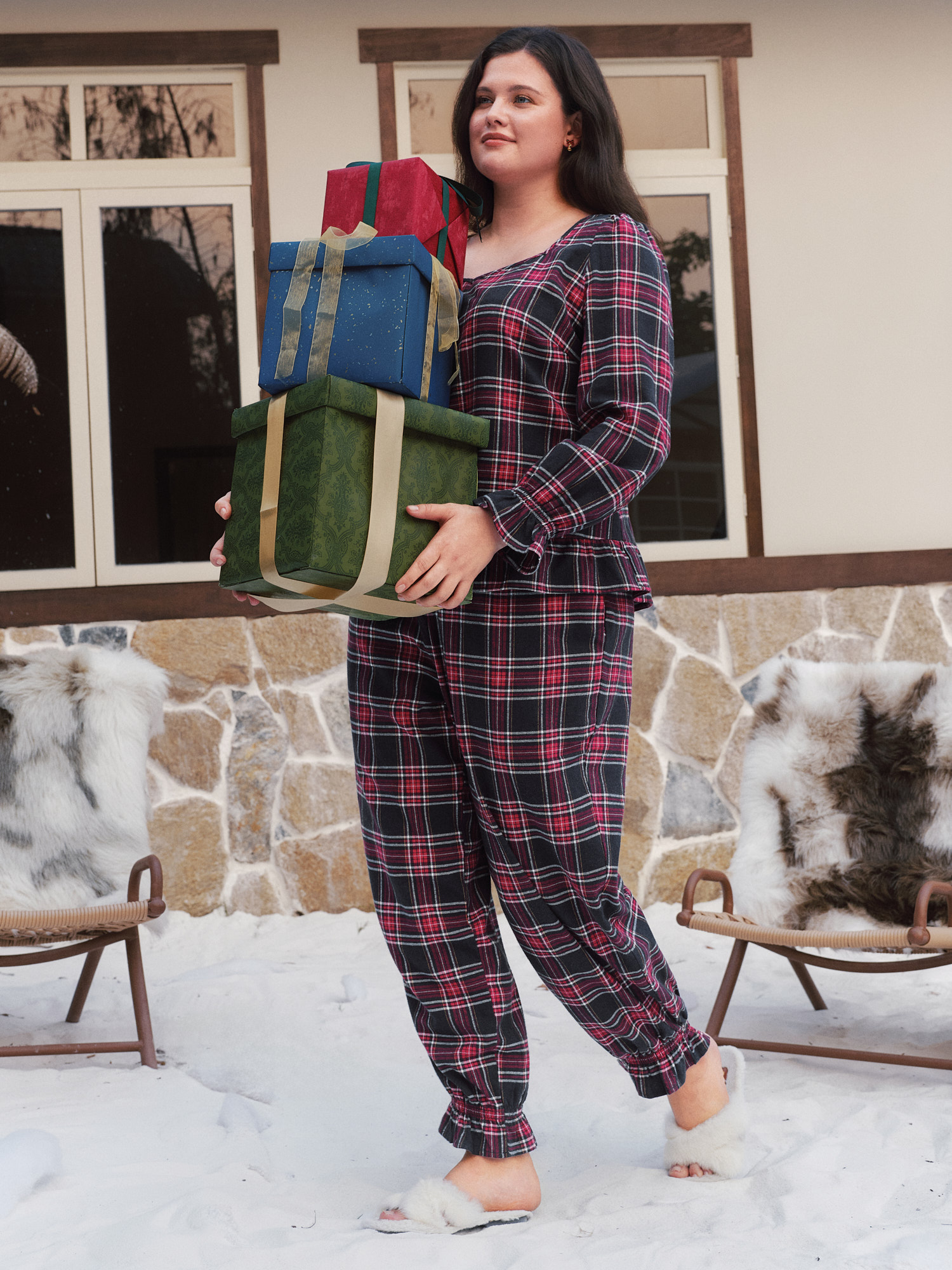 BloomChic Plus Size Tartan Plaid Square Neck Ruffle Loungewear Set - Women's Supersoft Ocean Long Sleeve Plaid Side Pocket Thigh-Friendly Loungewear Sets 14/M